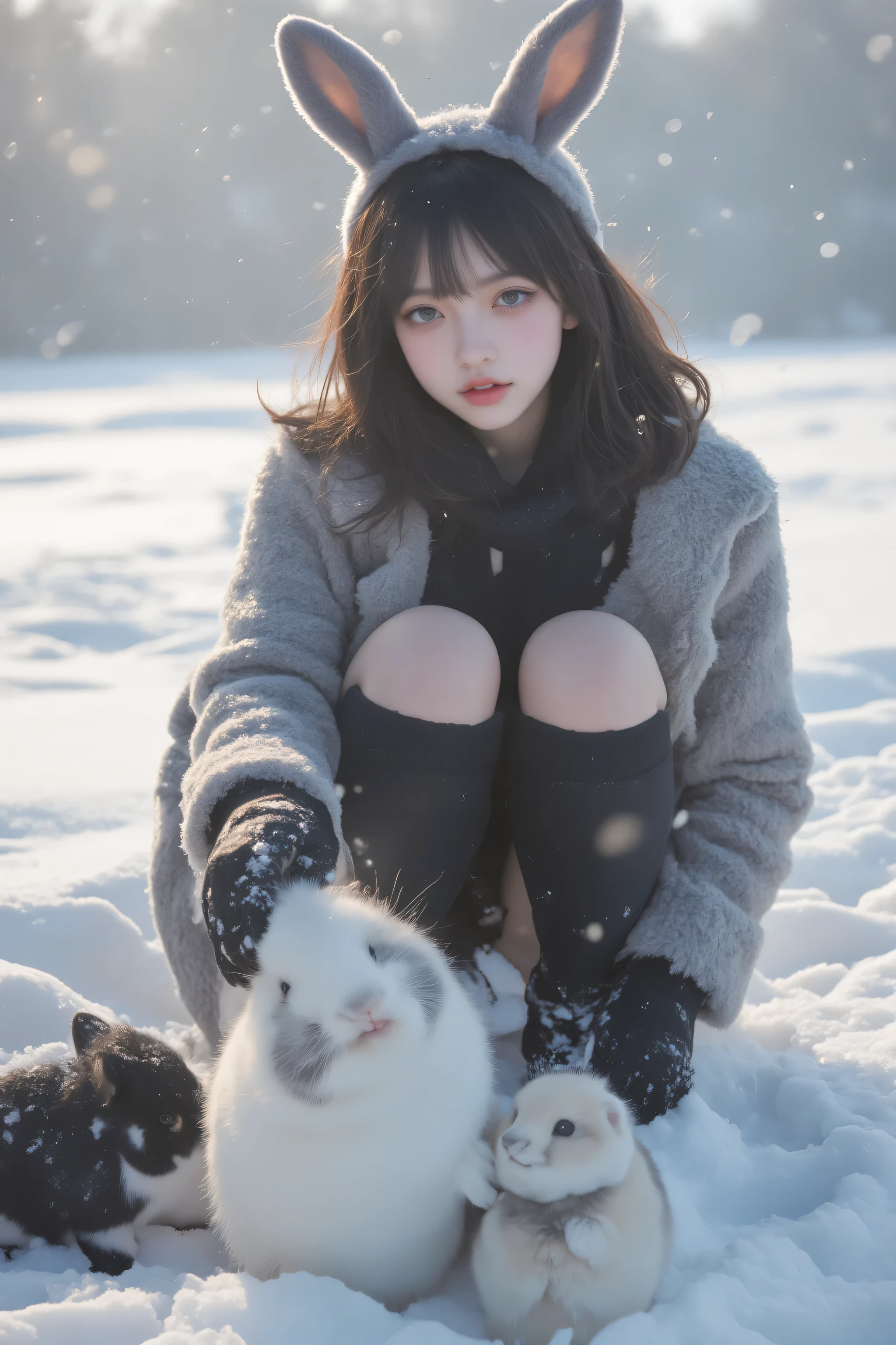 16k, ((Masterpiece)), ((Top quality)), ( Ultra-fine), professional photography, Beautiful Details, ((( Surreal))), (( high-definition clear focus :1.5)), Natural Light and Soft Glow Reflected in the Snow ( expresses cold air and warm interaction with animals ), Winter elements (Vast snow fields、 falling snow、Small animals), beautiful face 21-year-old idol ,Japanese Woman's Face , Japanese Facial Features , Beautiful Details Eyes , 1 Girl , chest , crouching alone (Pose to reach out to animals ), Animal ears ( rabbit ears), thighhighs(black) gloves(Black gloves with elbows up to the elbows ) leotard( Cute winter design )Costumes that emphasize Largechest and Cleevidge, blond hair, long hair, happy smiles, playboy, bunny style, choker with fur and animal motifs, simple patterned design, sparkling clothes that reflect the snow, shimmer, shoulder out, see-through, combined design lips, glossy lips with a blurry background, large snowfields and small animals ), Outdoors