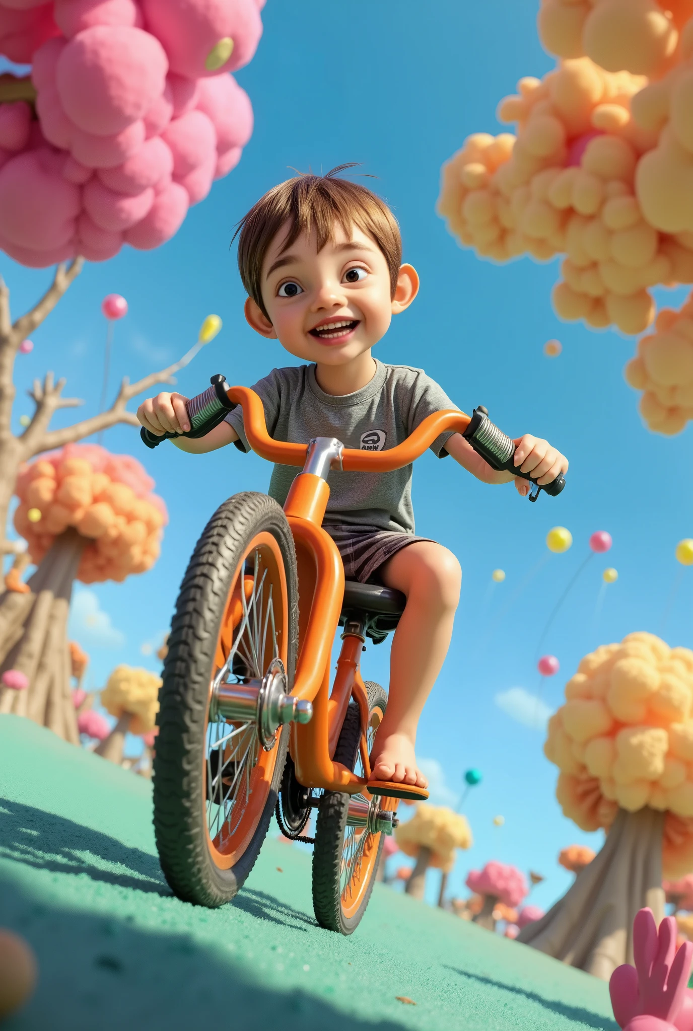 A ((funny illustration1:6)) of a boy playing with a orange bike. Dream filter, vivid color.