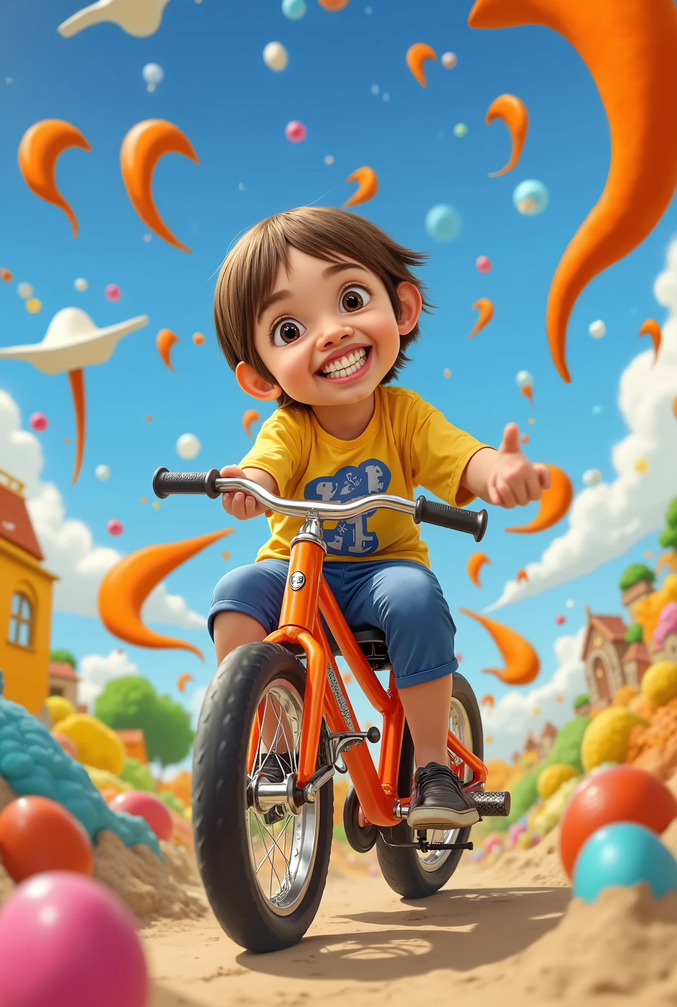 A ((funny illustration1:6)) of a boy playing with a orange bike. Dream filter, vivid color.