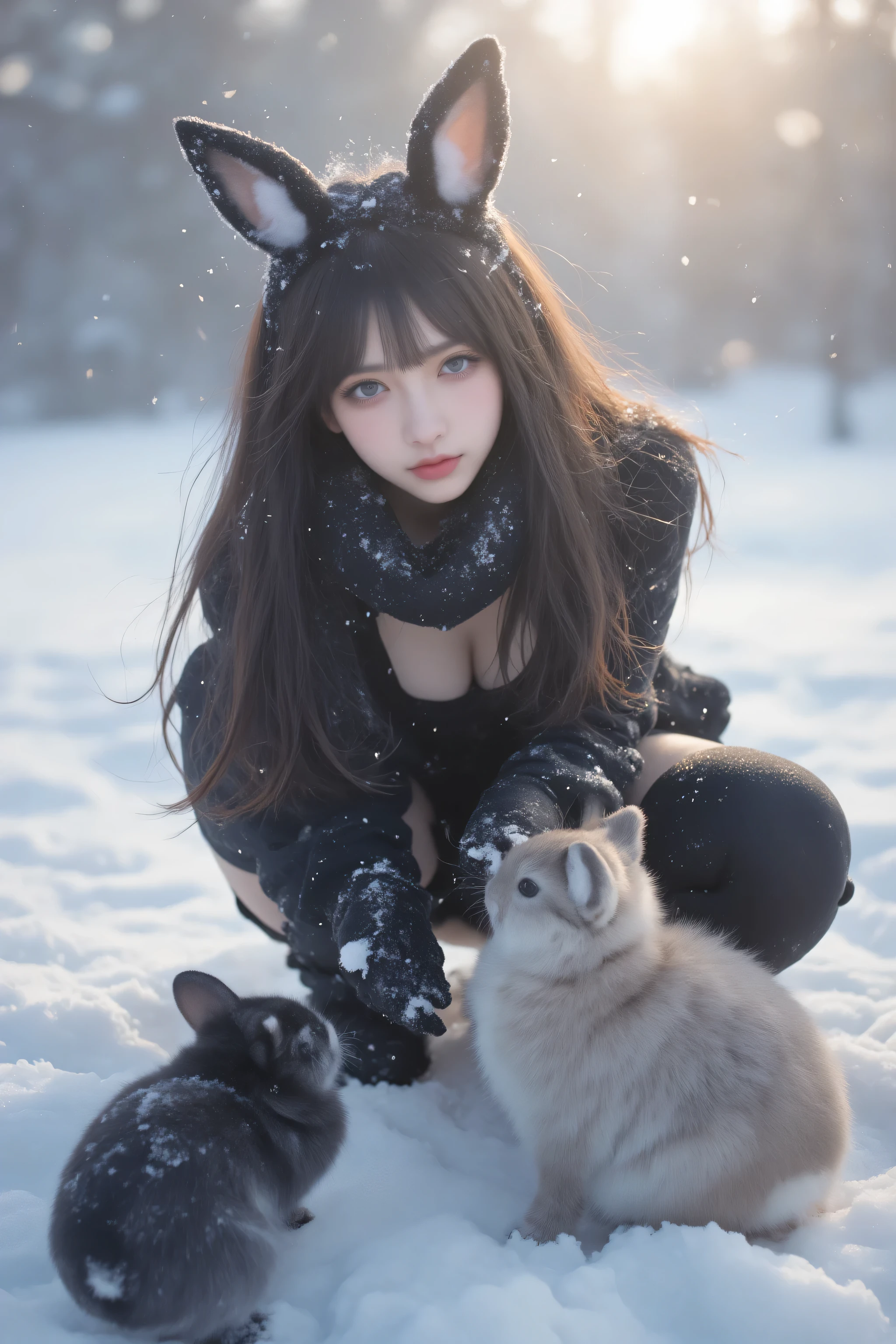 16k, ((Masterpiece)), ((Top quality)), ( Ultra-fine),  professional photography,  Beautiful Details, ((( Surreal))), (( high-definition clear focus :1.5)),  Natural Light and Soft Glow Reflected in the Snow （ expresses cold air and warm interaction with animals ）, Winter elements （Vast snow fields、 falling snow、Small animals）,  beautiful face 21-year-old idol ,Japanese Woman's Face  ,  Japanese Facial Features  ,  Beautiful Details Eyes  ,  1 Girl  , chest ,  crouching alone （Pose to reach out to animals ）, Animal ears  ( rabbit ears), thighhighs(black) gloves(Black gloves with elbows up to the elbows )  leotard( Cute winter design )Costumes that emphasize Largechest and Cleevidge, blond hair, long hair, happy smiles, playboy, bunny style, choker with fur and animal motifs, simple patterned design, sparkling clothes that reflect the snow, shimmer, shoulder out, see-through, combined design lips, glossy lips with a blurry background, large snowfields and small animals ), Outdoors
