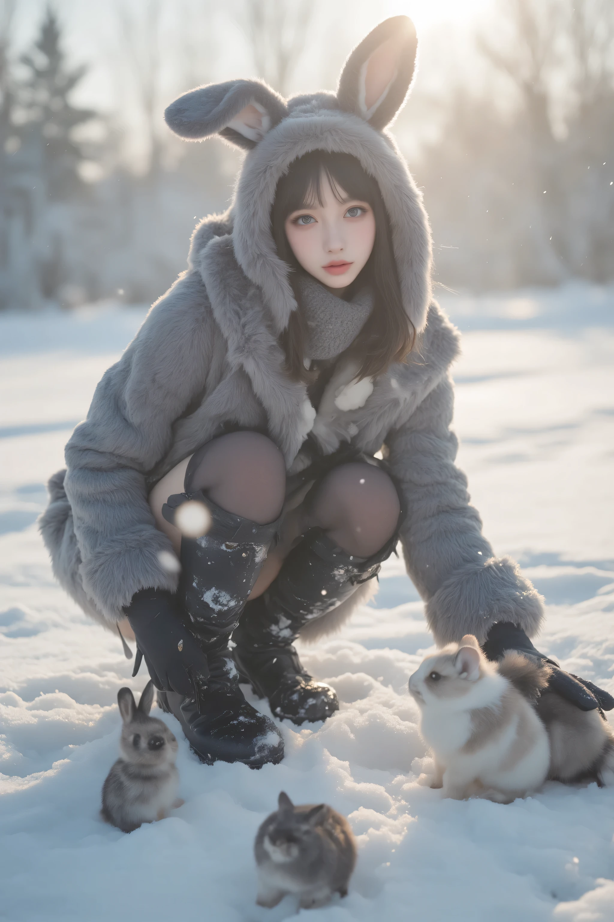 naked girl Expose Nipples outside winter whole body Hairless pussy Embarrassed Cat eared hat Having