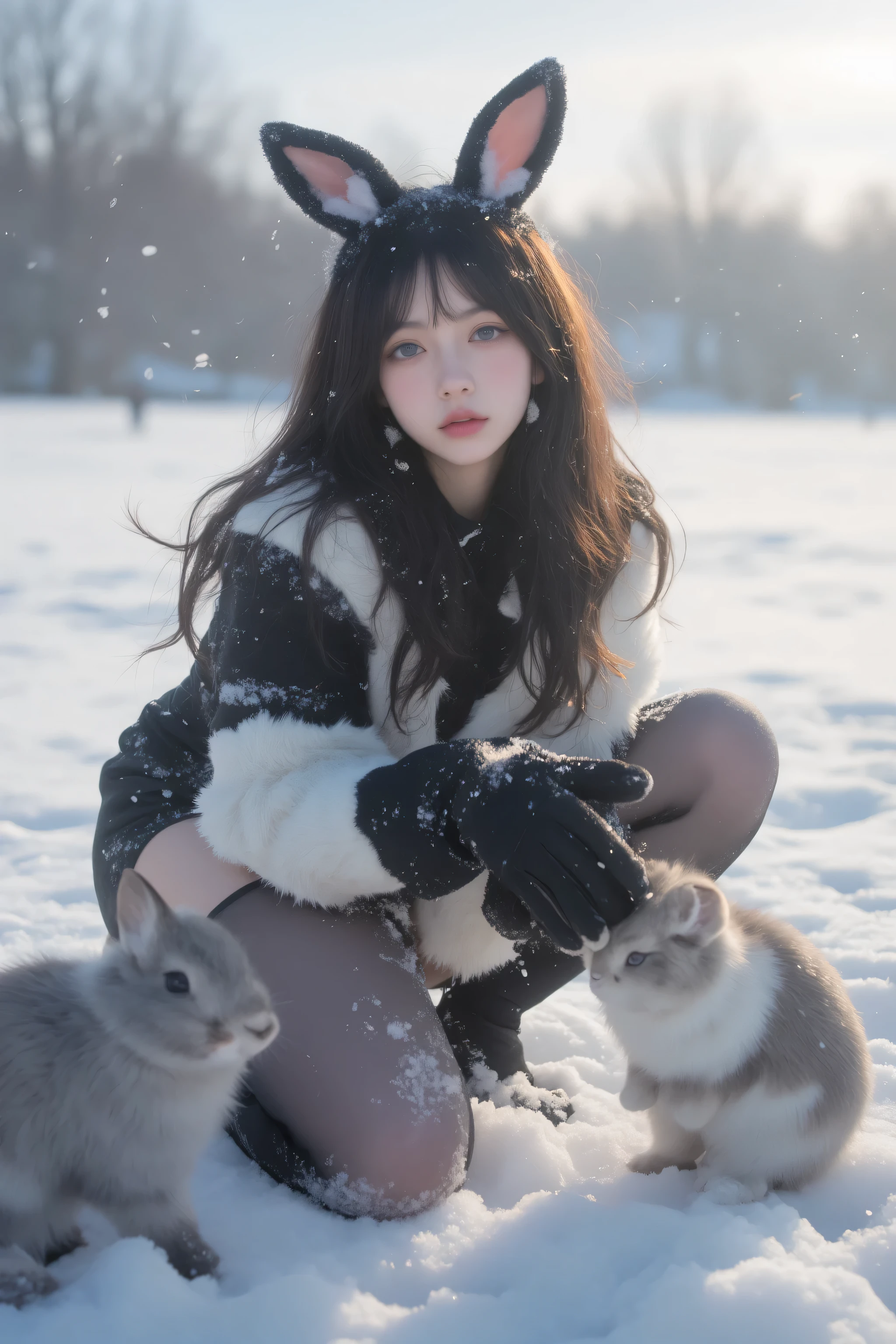 16k, ((Masterpiece)), ((Top quality)), ( Ultra-fine), professional photography, Beautiful Details, ((( Surreal))), (( high-definition clear focus :1.5)), Natural Light and Soft Glow Reflected in the Snow ( expresses cold air and warm interaction with animals ), Winter elements (Vast snow fields、 falling snow、Small animals), beautiful face 21-year-old idol ,Japanese Woman's Face , Japanese Facial Features , Beautiful Details Eyes , 1 Girl , chest , crouching alone (Pose to reach out to animals ), Animal ears ( rabbit ears), thighhighs(black) gloves(Black gloves with elbows up to the elbows ) leotard( Cute winter design )Costumes that emphasize Largechest and Cleevidge, blond hair, long hair, happy smiles, playboy, bunny style, choker with fur and animal motifs, simple patterned design, sparkling clothes that reflect the snow, shimmer, shoulder out, see-through, combined design lips, glossy lips with a blurry background, large snowfields and small animals ), Outdoors