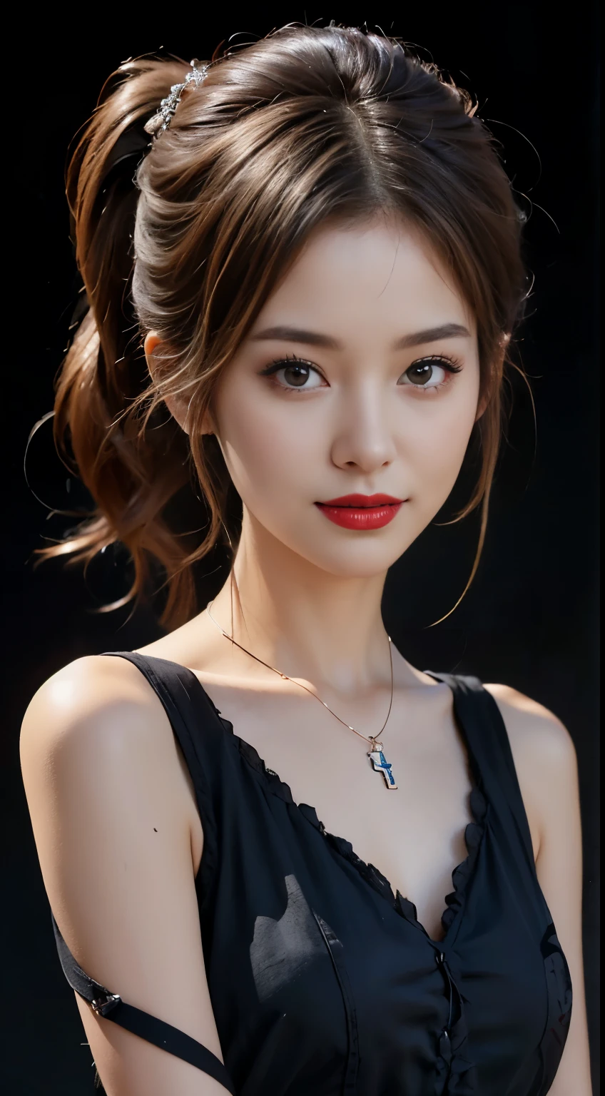 ((masterpiece:1.4)、(top-quality:1.4)、(reallistic:1.7))、masuter piece:1.4、Kawaii Girl、Portrait photos、Close-up photos、Upper body photography、beautiful countenance、defiance、dark backgrounds、Narrow waist、poneyTail、Raw photo、red-lips、a choker:1.4、a necklace:1.4、耳Nipple Ring:1.4、1 screen display、