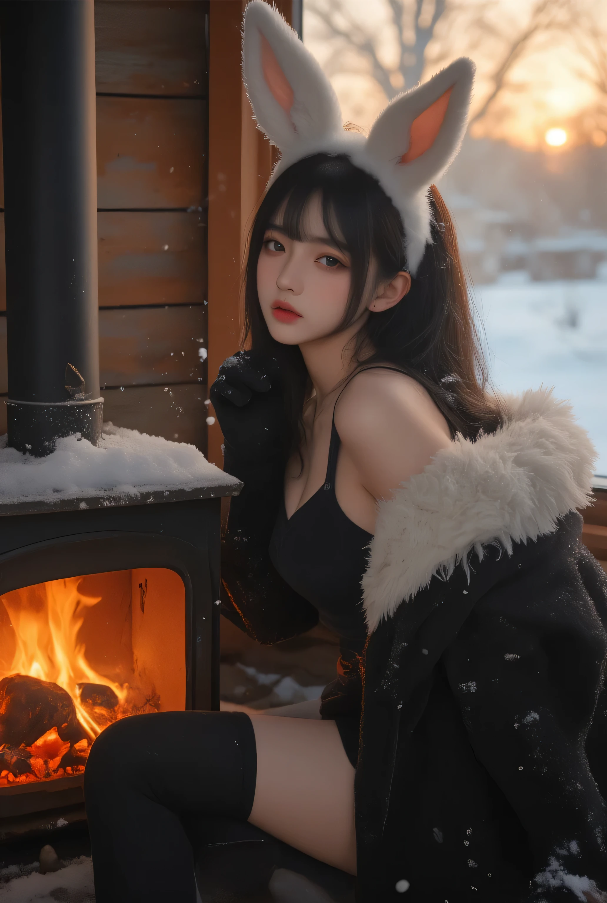 16k, ((Masterpiece)), ((Top quality)), ( Ultra-fine), professional photography, Beautiful Details, ((( Surreal))), (( high-definition clear focus :1.5)), Natural light and warm light rising from the stove ( Atmosphere that combines cold air and the warmth of the stove), Winter elements (Vast snow fields、tree々Snow Piling Up on 、 falling snow), beautiful face 21-year-old idol ,Japanese Woman's Face , Japanese Facial Features , Beautiful Details Eyes , 1 Girl , chest , sitting alone (Warm pose by holding your hand over the stove ), Animal ears ( rabbit ears), thighhighs(black) gloves(Black gloves with elbows up to the elbows ) leotard( Winter Style Pose )Largechest and Cleevidge, costume with emphasis on blond hair, long hair, a gentle, relaxed smile, Playboy bunny style, choker with fur and steam motifs, simple patterned design, sparkling clothes, sparkly clothes that reflect steam, shine, shoulders, see-through, combined design, lips, glossy lips, background, blurry snowscapes and trees々 ), Outdoors