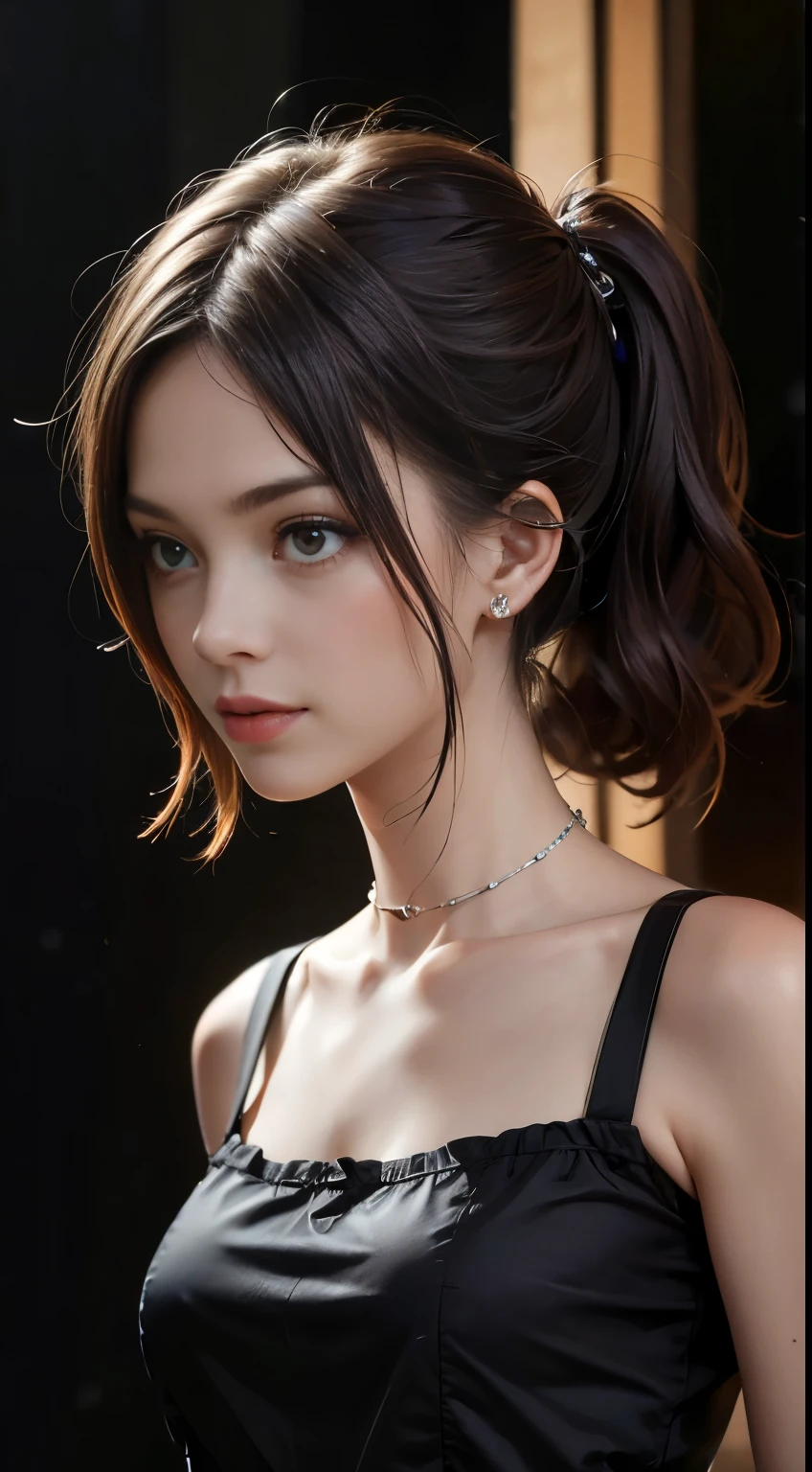 ((masterpiece:1.4)、(top-quality:1.4)、(reallistic:1.7))、masuter piece:1.4、Portrait photo of a girl、Close-up photos、Upper body photography、beautiful countenance、defiance、dark backgrounds、Narrow waist、poneyTail、Raw photo、red-lips、a choker、a necklace、耳Nipple Ring、1 screen display、