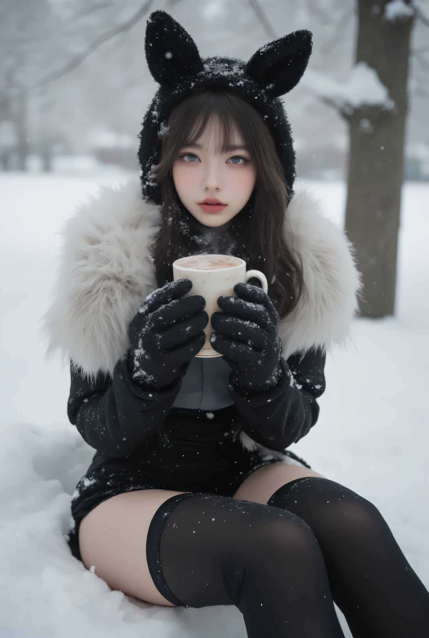 16k, ((Masterpiece)), ((Top quality)), ( Ultra-fine),  professional photography,  Beautiful Details, ((( Surreal))), (( high-definition clear focus :1.5)),  Contrast between Cold Snow Scenery and Hot Drink （ Warm Winter Design ）, Winter elements （Vast snow fields、tree々Snow Piling Up on 、 falling snow）,  beautiful face 21-year-old idol ,Japanese Woman's Face  ,  Japanese Facial Features  ,  Beautiful Details Eyes  , a girl , chest ,  Sitting Alone （Hot Cocoa Pose Wrapping Your Hands ）, Animal ears  ( rabbit ears), thighhighs(black) gloves(Black gloves with elbows up to the elbows )  leotard( Winter Style Pose )Largechest and Cleevidge, costume with emphasis on blond hair, long hair, a gentle, relaxed smile, Playboy bunny style, choker with fur and steam motifs, simple patterned design, sparkling clothes, sparkly clothes that reflect steam, shine, shoulders, see-through, combined design, lips, glossy lips, background, blurry snowscapes and trees々 ), Outdoors
