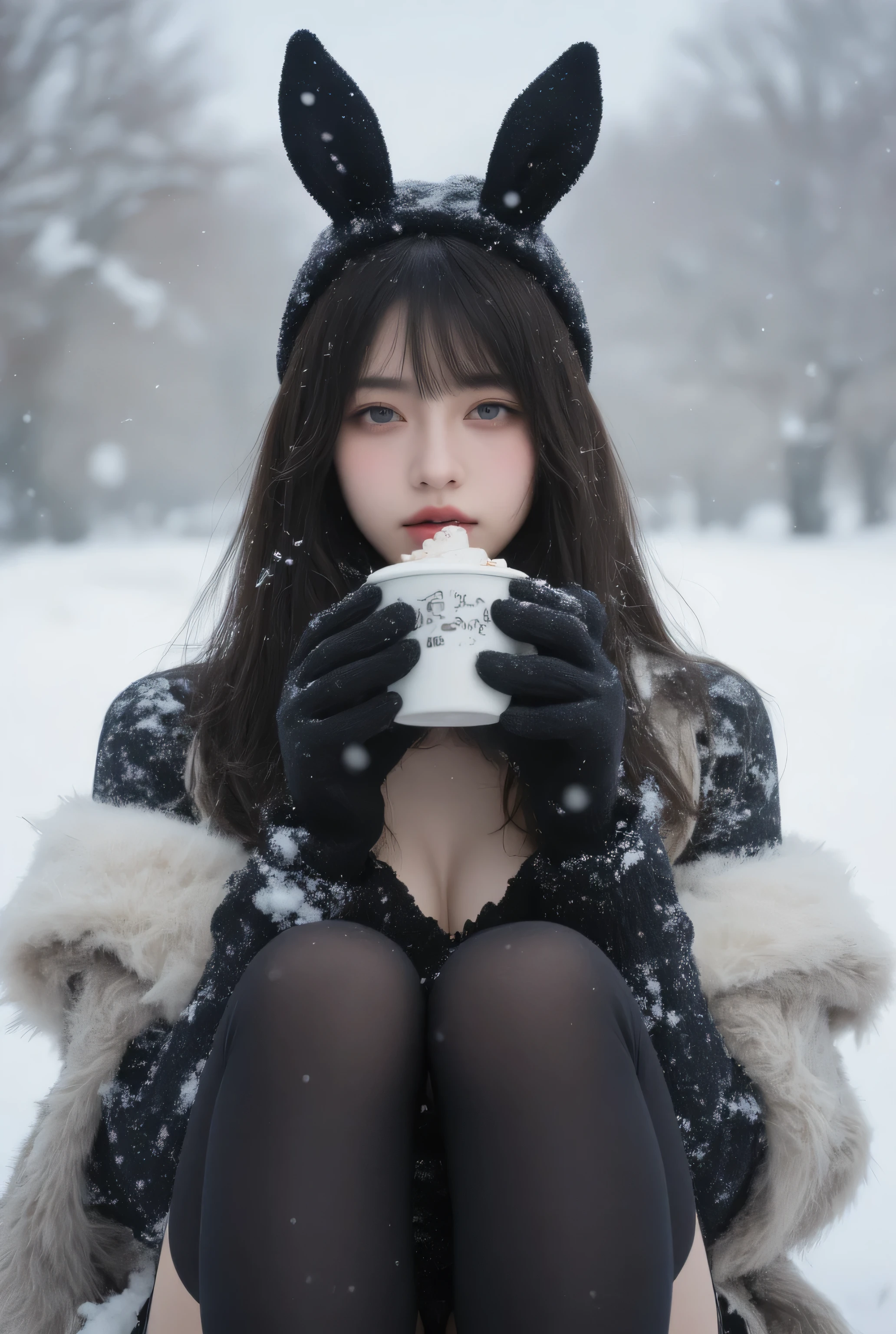 16k, ((Masterpiece)), ((Top quality)), ( Ultra-fine),  professional photography,  Beautiful Details, ((( Surreal))), (( high-definition clear focus :1.5)),  Contrast between Cold Snow Scenery and Hot Drink （ Warm Winter Design ）, Winter elements （Vast snow fields、tree々Snow Piling Up on 、 falling snow）,  beautiful face 21-year-old idol ,Japanese Woman's Face  ,  Japanese Facial Features  ,  Beautiful Details Eyes  , a girl , chest ,  Sitting Alone （Hot Cocoa Pose Wrapping Your Hands ）, Animal ears  ( rabbit ears), thighhighs(black) gloves(Black gloves with elbows up to the elbows )  leotard( Winter Style Pose )Largechest and Cleevidge, costume with emphasis on blond hair, long hair, a gentle, relaxed smile, Playboy bunny style, choker with fur and steam motifs, simple patterned design, sparkling clothes, sparkly clothes that reflect steam, shine, shoulders, see-through, combined design, lips, glossy lips, background, blurry snowscapes and trees々 ), Outdoors
