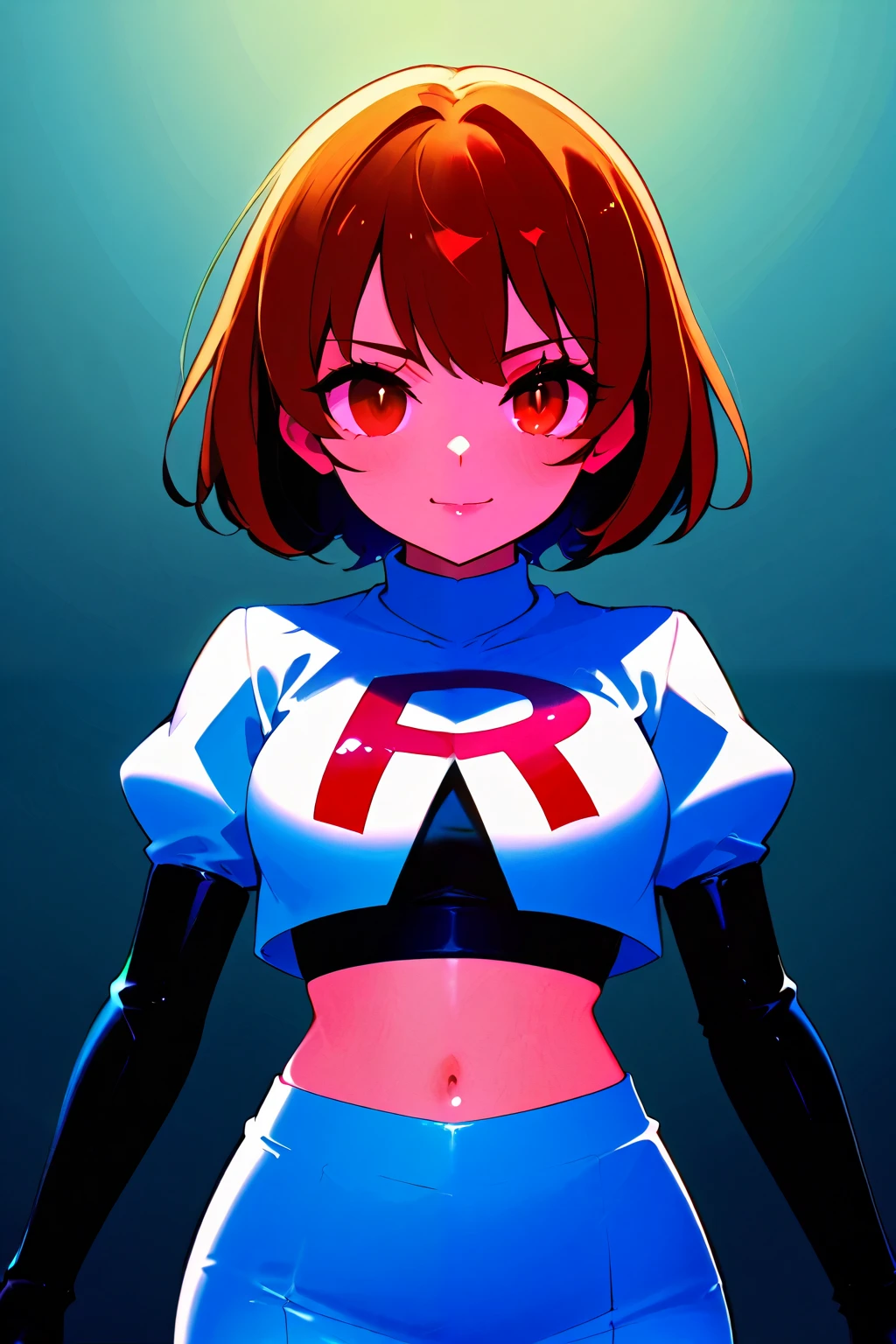 Ashley Graham ,glossy lips, light makeup ,team rocket,team rocket uniform, red letter R, white skirt,thin waist, white crop top,black thigh-high boots, black elbow gloves, evil smile