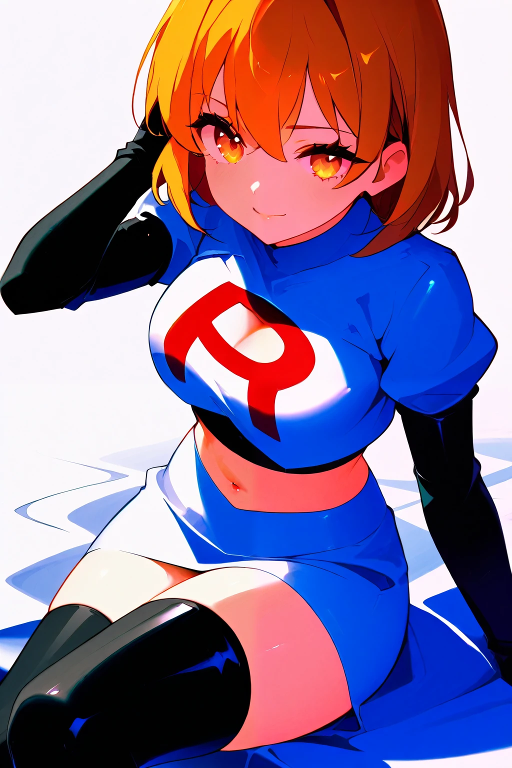 Ashley Graham ,glossy lips, light makeup ,team rocket,team rocket uniform, red letter R, white skirt,thin waist, white crop top,black thigh-high boots, black elbow gloves, evil smile