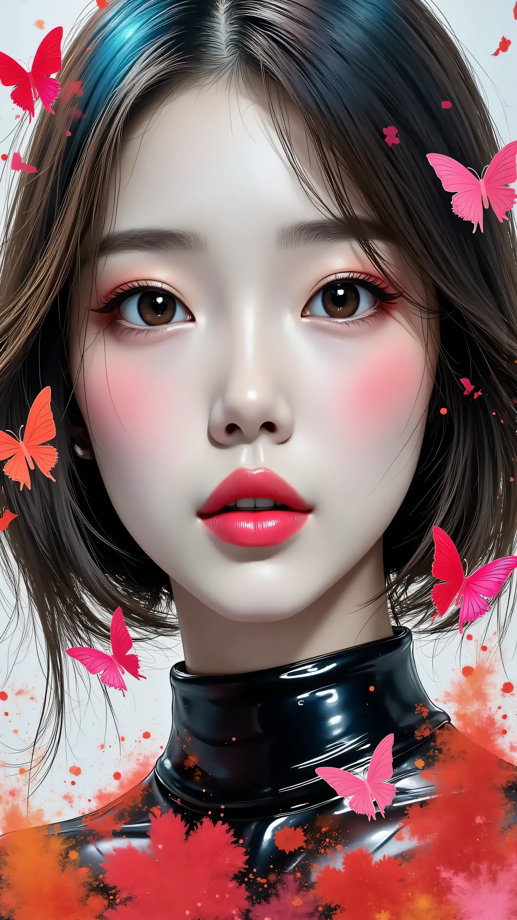 Expressionist artwork image of a face, korean woman, colorful, color splash, neon colors, butterflies, make it weird and gallery worthy