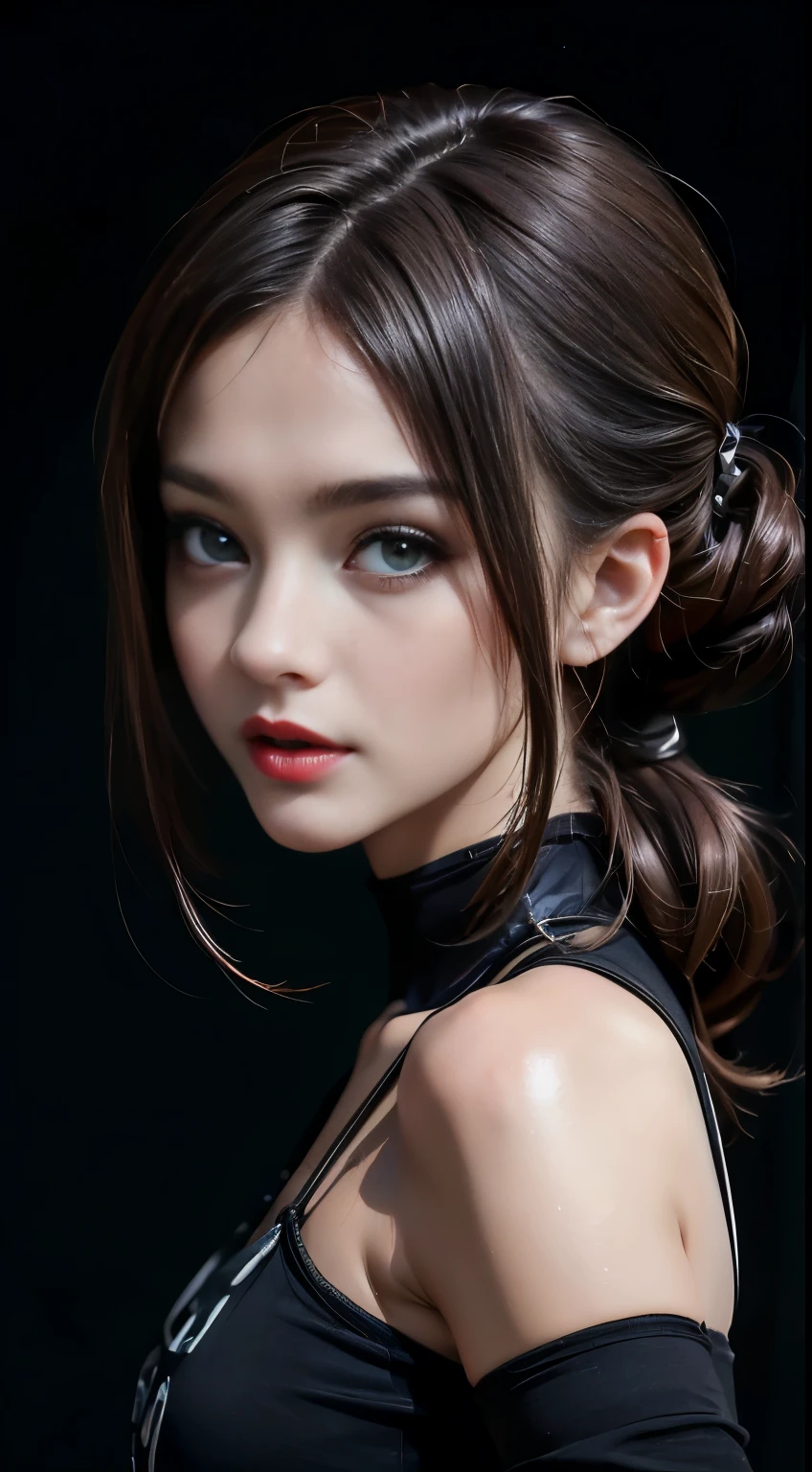 ((​masterpiece:1.4)、(top-quality:1.4)、(reallistic:1.7))、masuter piece:1.4、Portrait photo of a girl、Close-up photos、Upper body photography、beautiful countenance、Defiance、dark backgrounds、Narrow waist、poneyTail、Raw photo、red-lips、1 screen display、