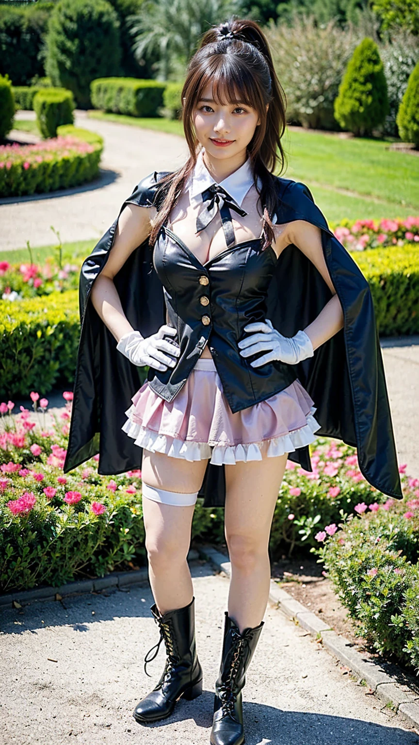 ((best quality)),((highly detailed)),masterpiece,absurdres,detailed face,beautiful face,(detailed eyes, deep eyes),1girl,Yunyun, solo, red eyes, necktie, big breast, brown hair, braid, pink necktie, skirt, belt, bow, long hair, long sleeves, latex pink skirt, hair bow, crown braid, hair ornament, bangs, necktie between breasts, puffy sleeves, hair between eyes, clothing cutout, cleavage cutout, latex shirt, red bow, , twintails, day, latex black shirt, between breasts, ribbon, juliet sleeves,,blush, miniskirt, low twintails, standing, pleated skirt, brown belt, sidelocks, hair ribbon, cleavage, jacket, dress, frown, wing collar,sitting on a chair