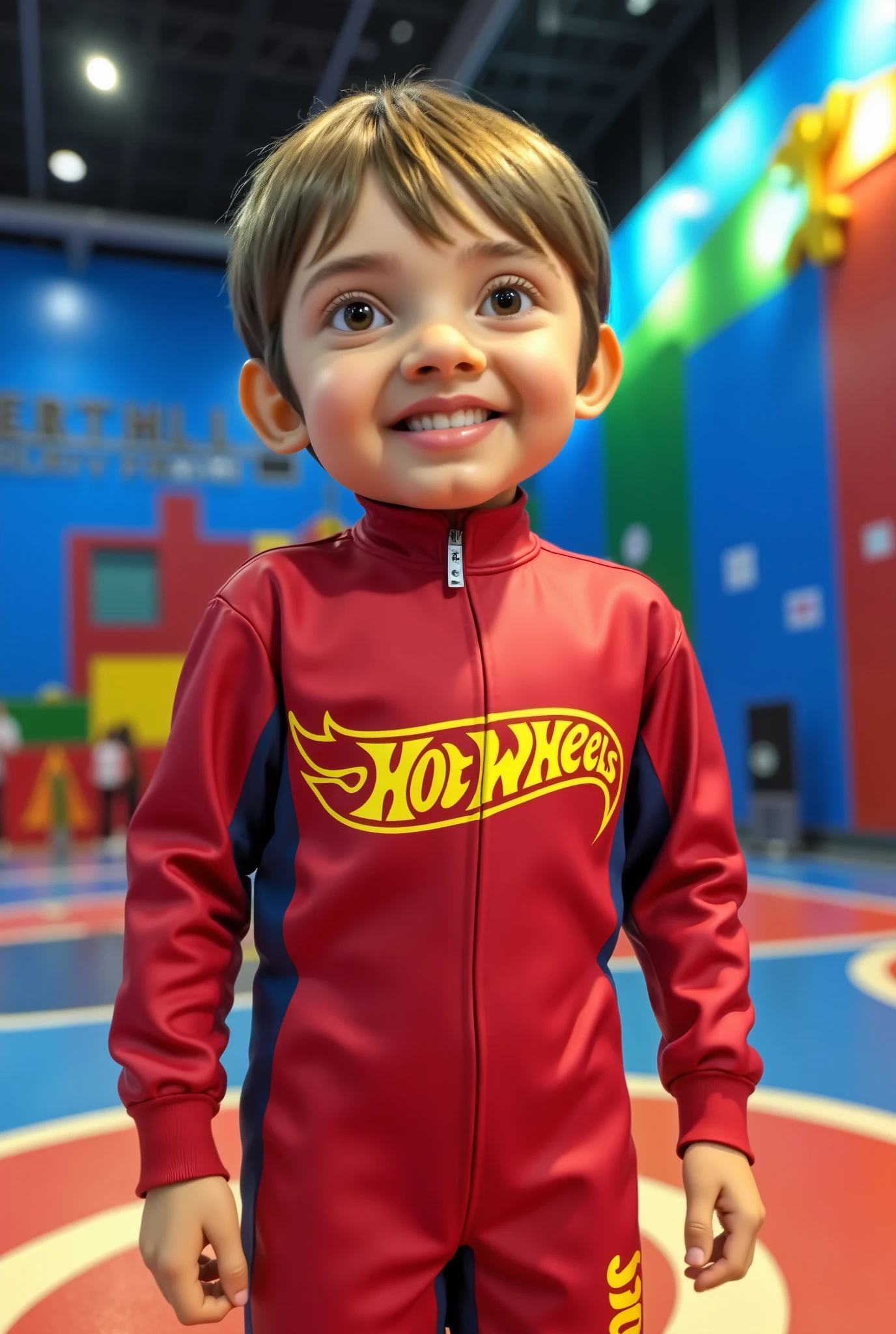 A ((cartoon:1.6 illustration)) of a boy wearing a racer suit , hot wheels logo, vivid color.