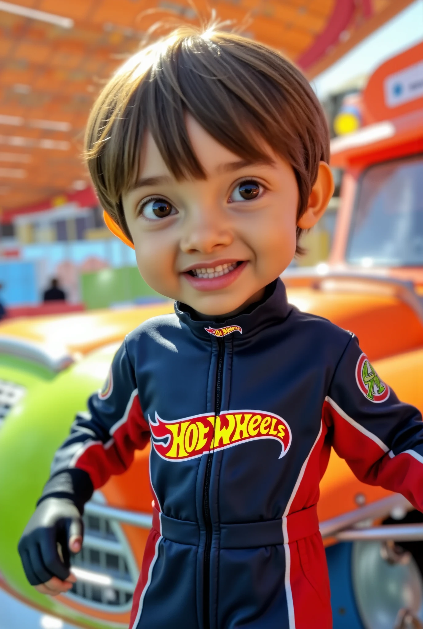 A ((cartoon:1.6 illustration)) of a boy wearing a racer suit , hot wheels logo, vivid color.