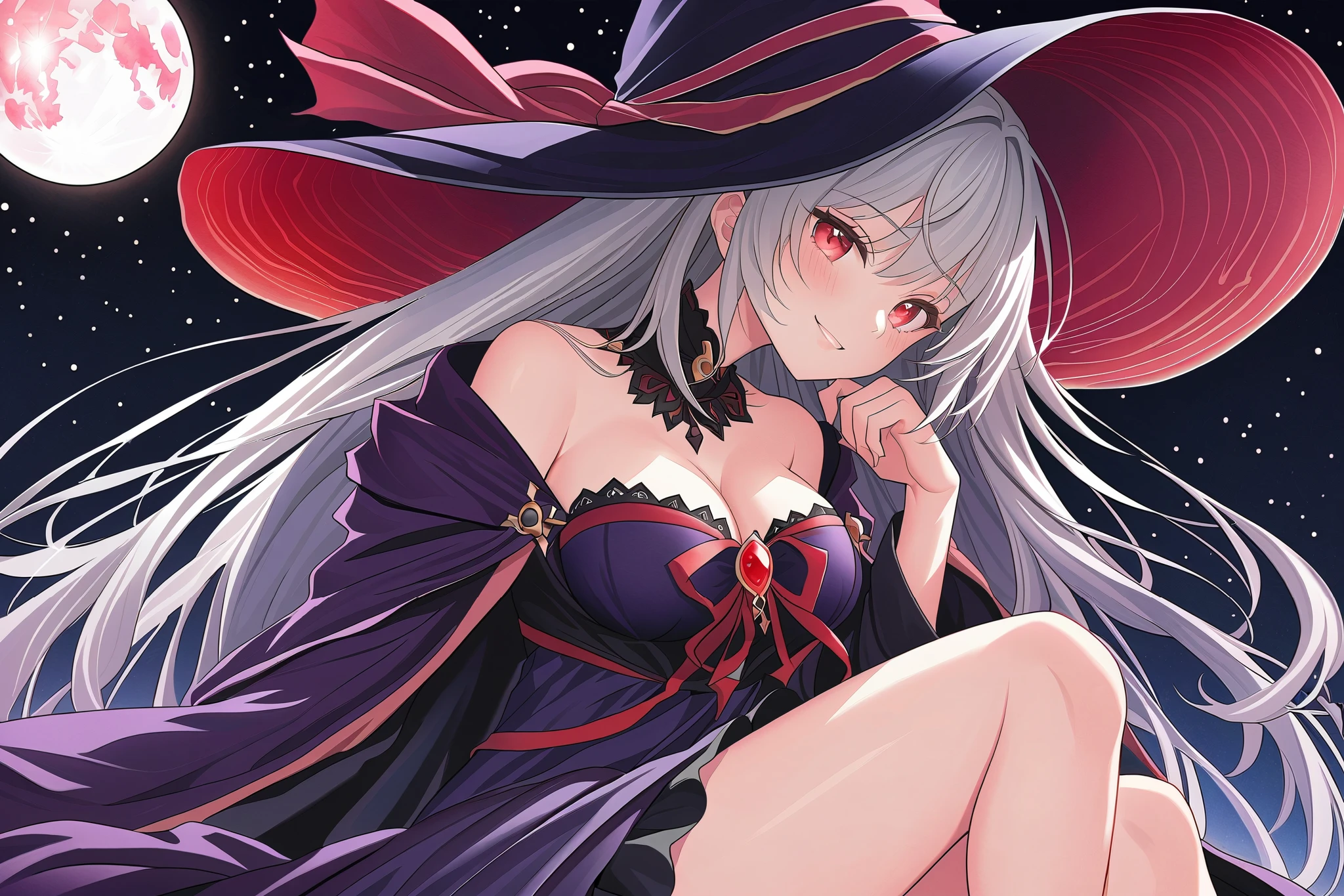 A stunning anime 1 girl,full body,sitting position,
silver hair,beautiful shining transparent red-colored eyes,large breasts,cloak on violet outerwear,
(violet BIG HAT with orenge ribbon,),
gothic inner long dress,
Brooch on chest,
CASTLE TOWN ON A FULL MOON NIGHT,moonlight illuminates the subject,
natural light illuminates the subject,
BREAK
perfecteyes,Close one eye,
confident look,
beautiful shining transparent red-colored eyes,
eye high light,
smiles,
BREAK
COMPLETE ANATOMY,newest,(soft pastel tones,watercolor:1.1),insanely detailed,
masterpiece,best quality,ultra-detailed eye,very aesthetic,absurdres,