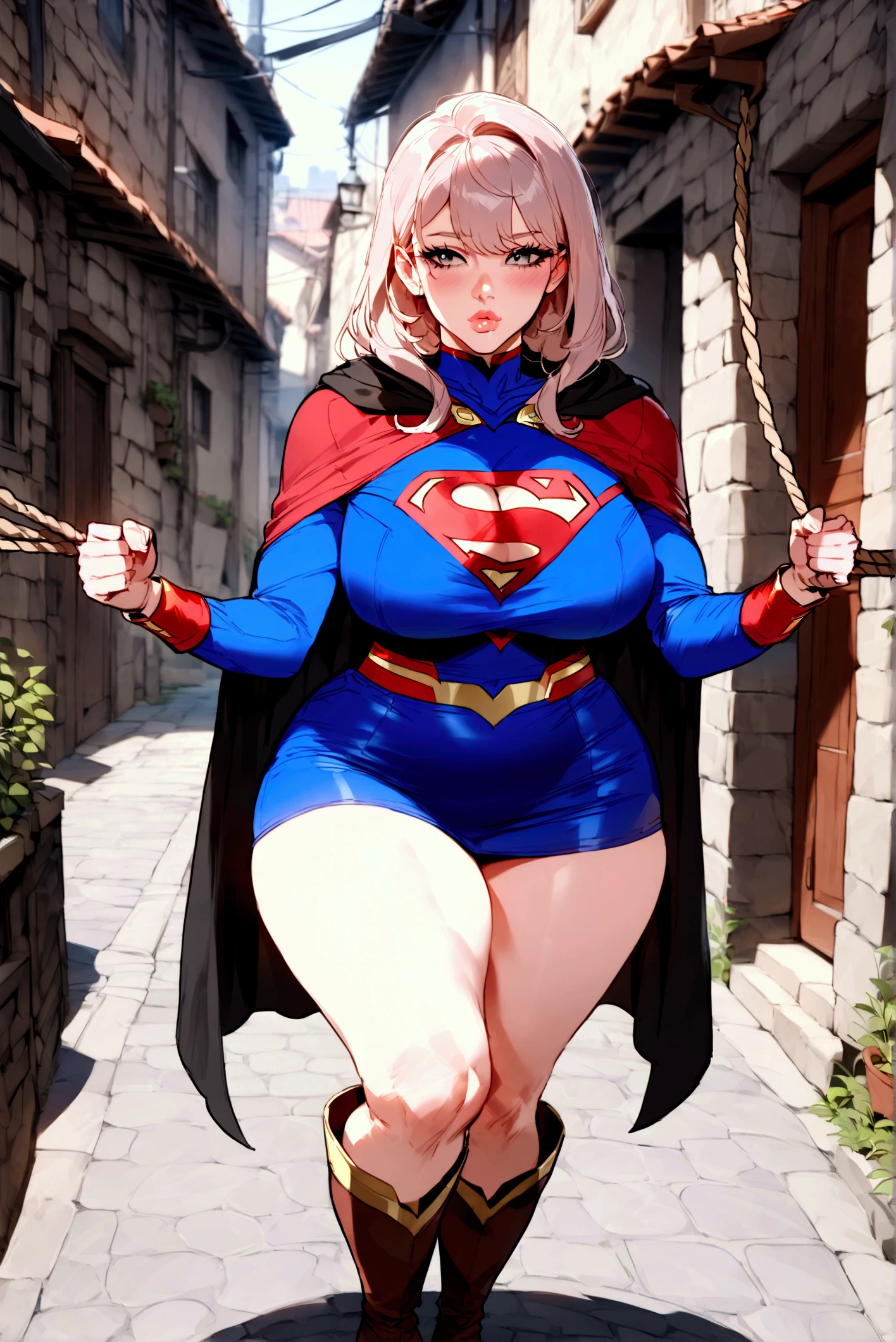    (   Top Quality   ), (   Top Quality   ), (Overall view), Backstreets,Supergirl with a sexy body,  Big Breasted  ,    beauty,             plump lips  ,      halter neck tops    ,       short skirt  , Cape,      boots, low top      ,     gloves, ,Beautiful and attractive young man restrained by a rope .