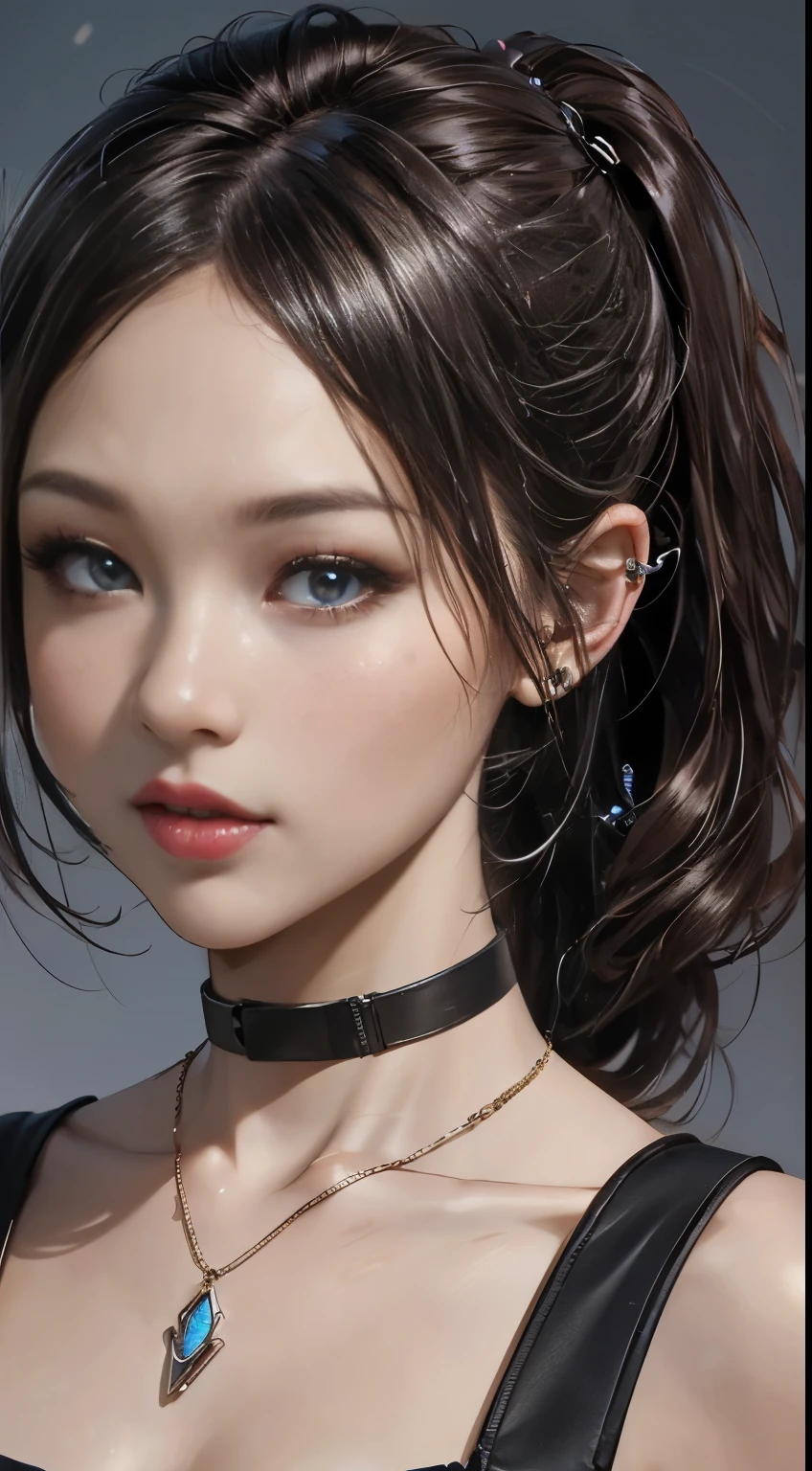 ((masterpiece:1.4)、(top-quality:1.4)、(reallistic:1.7))、masuter piece:1.4、Kawaii Girl、Portrait photos、Close-up photos、Upper body photography、beautiful countenance、defiance、dark backgrounds、Narrow waist、poneyTail、Raw photo、red-lips、a choker:1.4、a necklace:1.4、耳Nipple Ring:1.4、1 screen display、