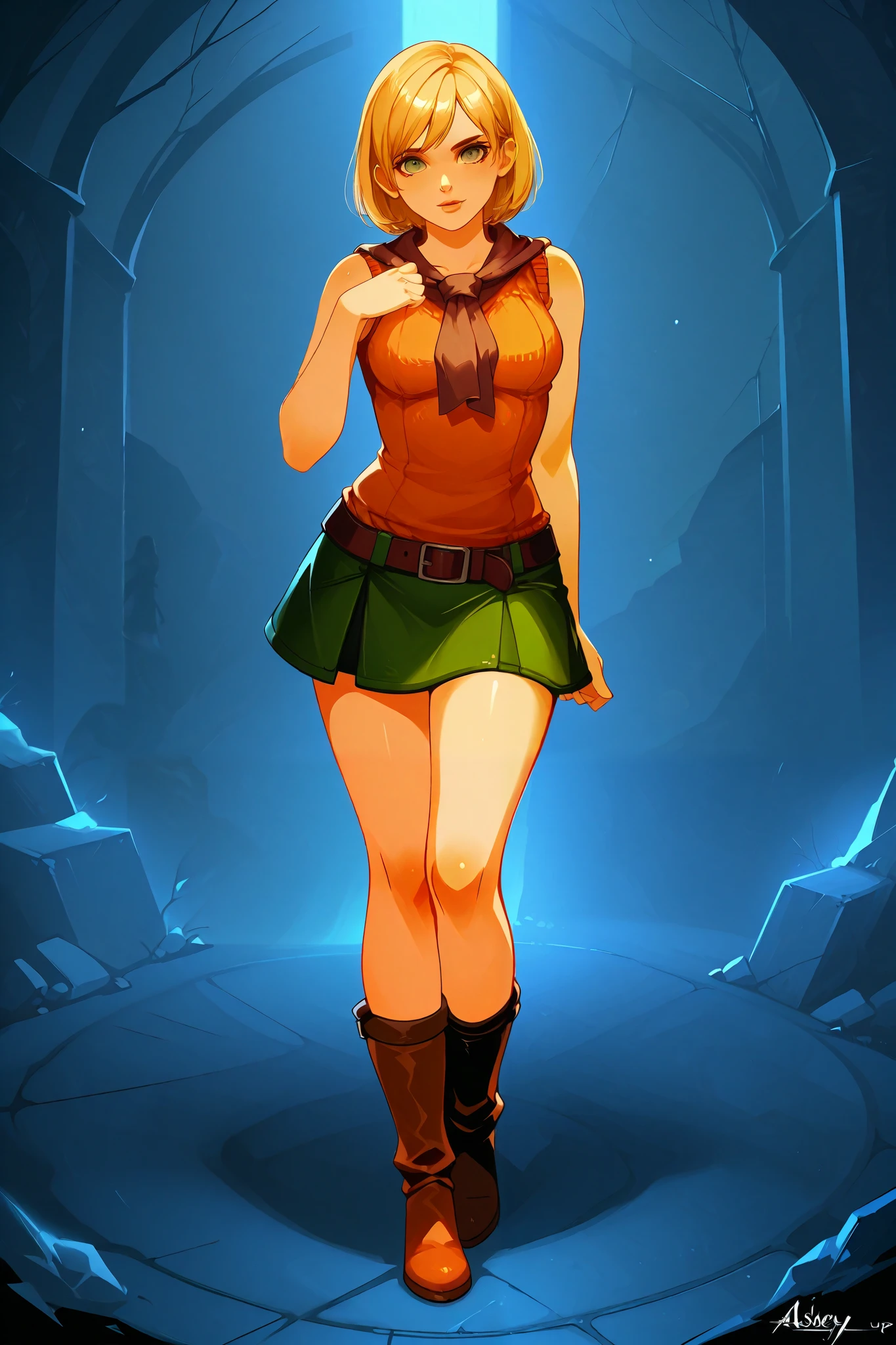 Anime concept art, dark fantasy, Ashley graham, Ashley Graham from resident evil 4, cute, Ashley's sexy outfit, sleeveless, cute pose, resident evil 4 concept art