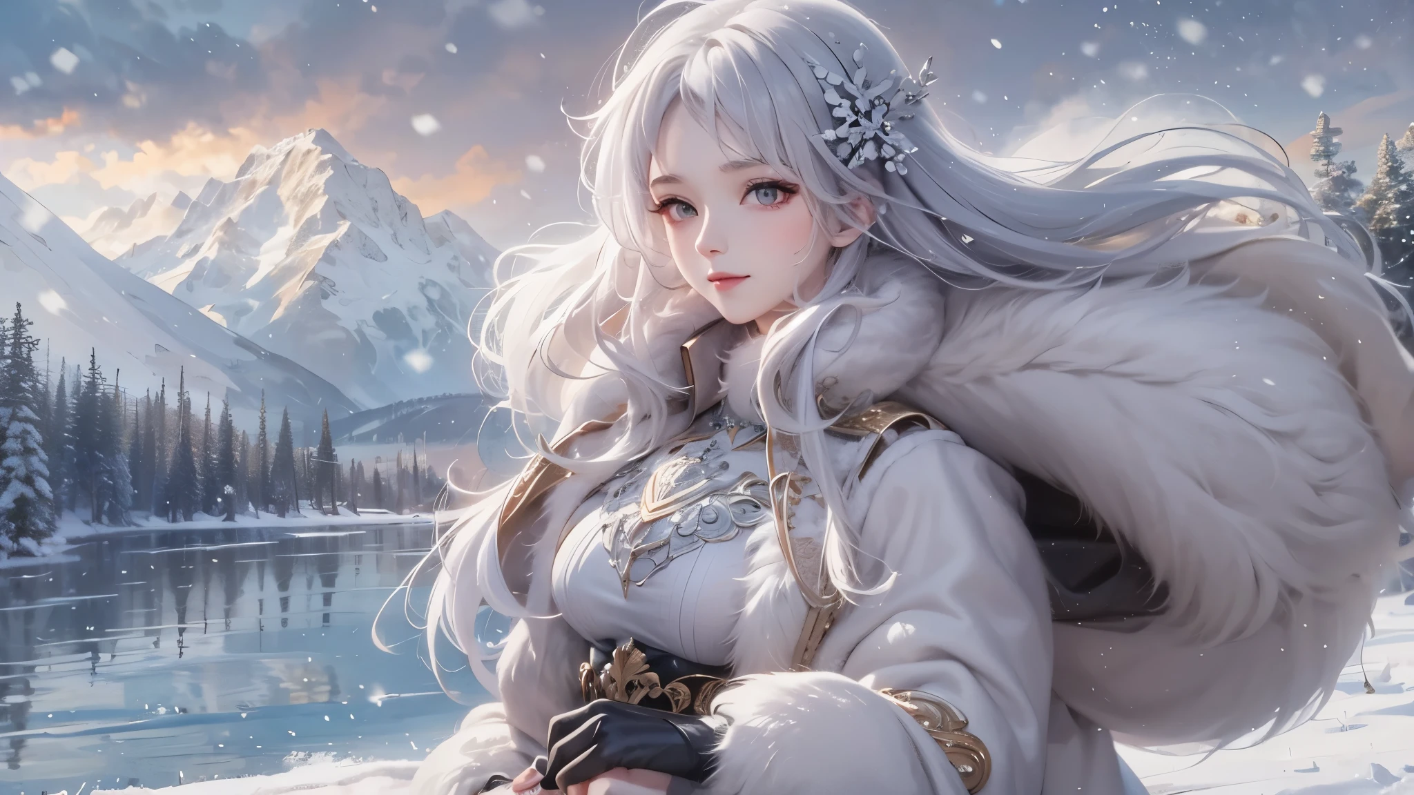 (close-up image) masterpiece、Highest quality、1 girl, winter, silver hair, Cute girl, smile, close mouse, large breasts, white dress, winter clothes, long skirt, Fur coat、Small waist、outdoors, front of the lake, snow falling,