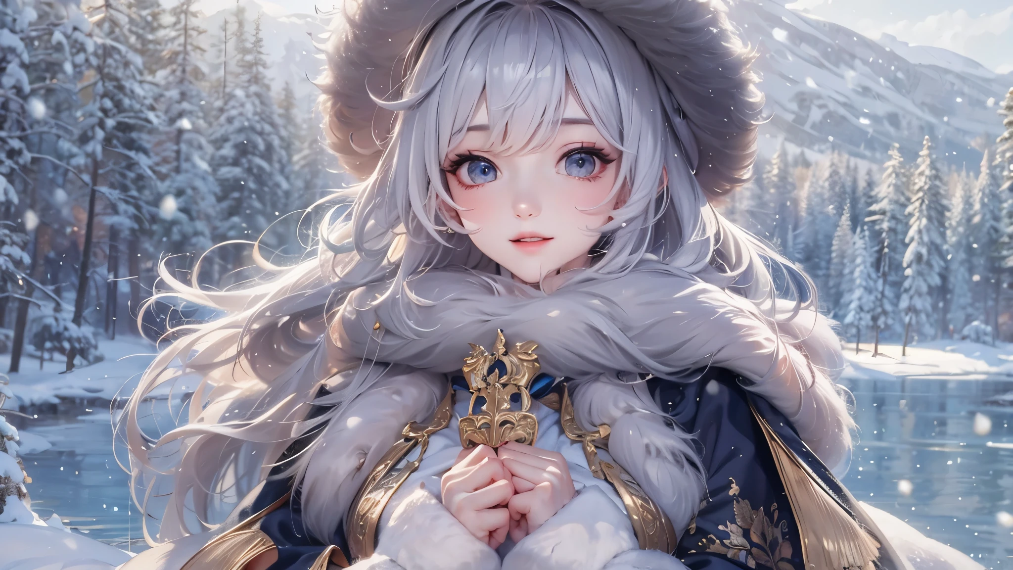 (close-up image) masterpiece、Highest quality、1 girl, winter, silver hair, Cute girl, smile, close mouse, large breasts, white dress, winter clothes, long skirt, Fur coat、Small waist、outdoors, front of the lake, snow falling,
