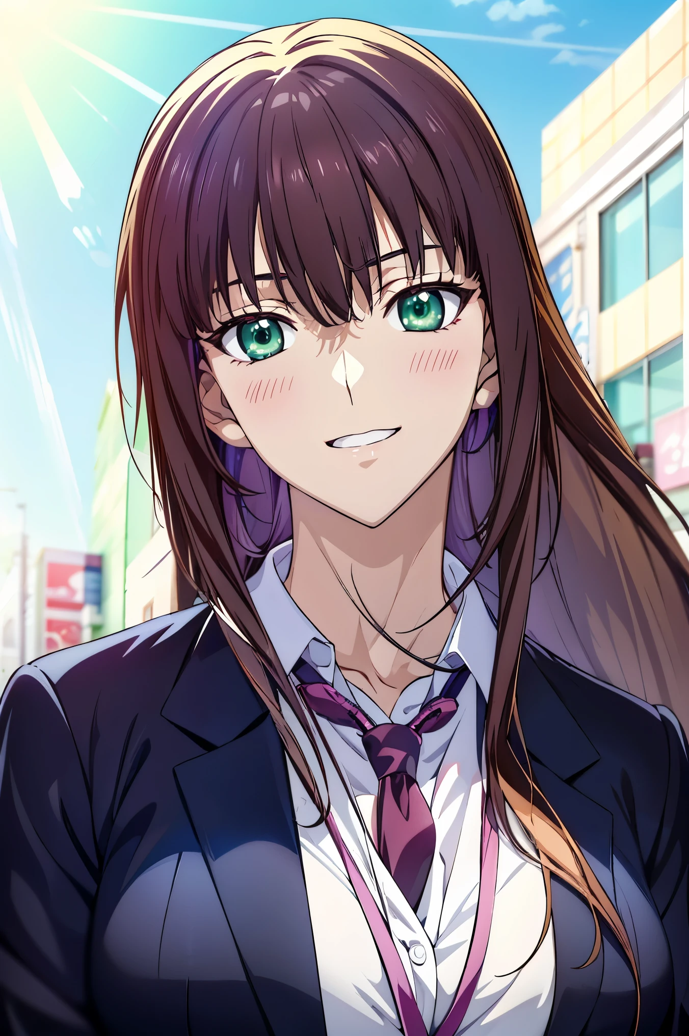 best quality , face focus, soft light, Ultra high resolution, ( Photos Realistic :1.4), RAW photos , 1 Japanese Girl , solo, is cute , anime girl 、 long hair、 green eyes、 suit, Makisekris , Penis Hits Uterus , Makisekris steins gate anime, smooth anime cg art , close up Another Iwakura, visual novel CG , Maxecris, Another Iwakura, is cute のアニメビジュアル, Female Anime Characters , Young Woman Anime Visual, Bust,Mulberry colored long hair