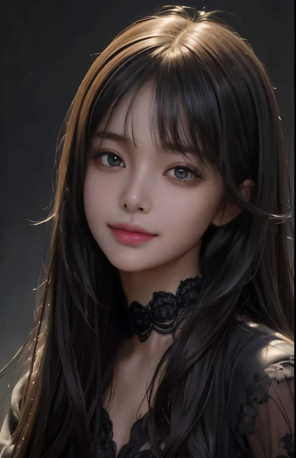 (Ultra Realistic), (Illustration), (Increased Resolution), (8K), (Extremely Detailed), (Best Illustration), (Beautiful and Detailed Eyes), (Best Quality), (Ultra Detailed), (Masterpiece ), ( wallpaper), (detailed face), solo, 1 girl, looking at viewer, fine details, detailed face, in the dark, deep shadows, low key, pureerosfaceace_v1, smiling, long hair, black shawl straight hair , 46 points oblique bangs