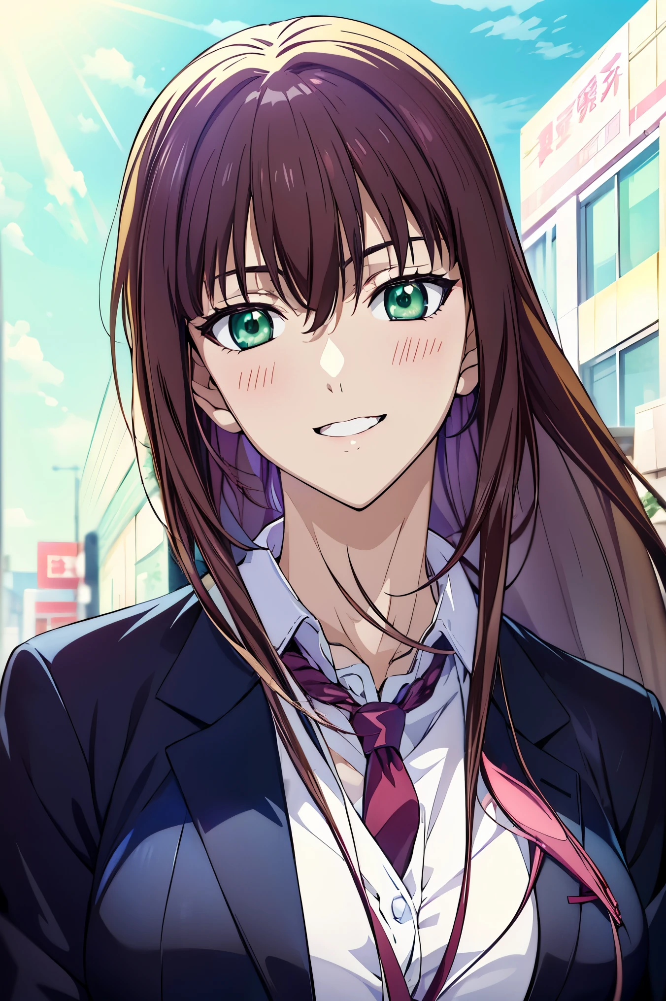best quality , face focus, soft light, Ultra high resolution, ( Photos Realistic :1.4), RAW photos , 1 Japanese Girl , solo, is cute , anime girl 、 long hair、 green eyes、 suit, Makisekris , Penis Hits Uterus , Makisekris steins gate anime, smooth anime cg art , close up Another Iwakura, visual novel CG , Maxecris, Another Iwakura, is cute のアニメビジュアル, Female Anime Characters , Young Woman Anime Visual, Bust,Mulberry colored long hair
