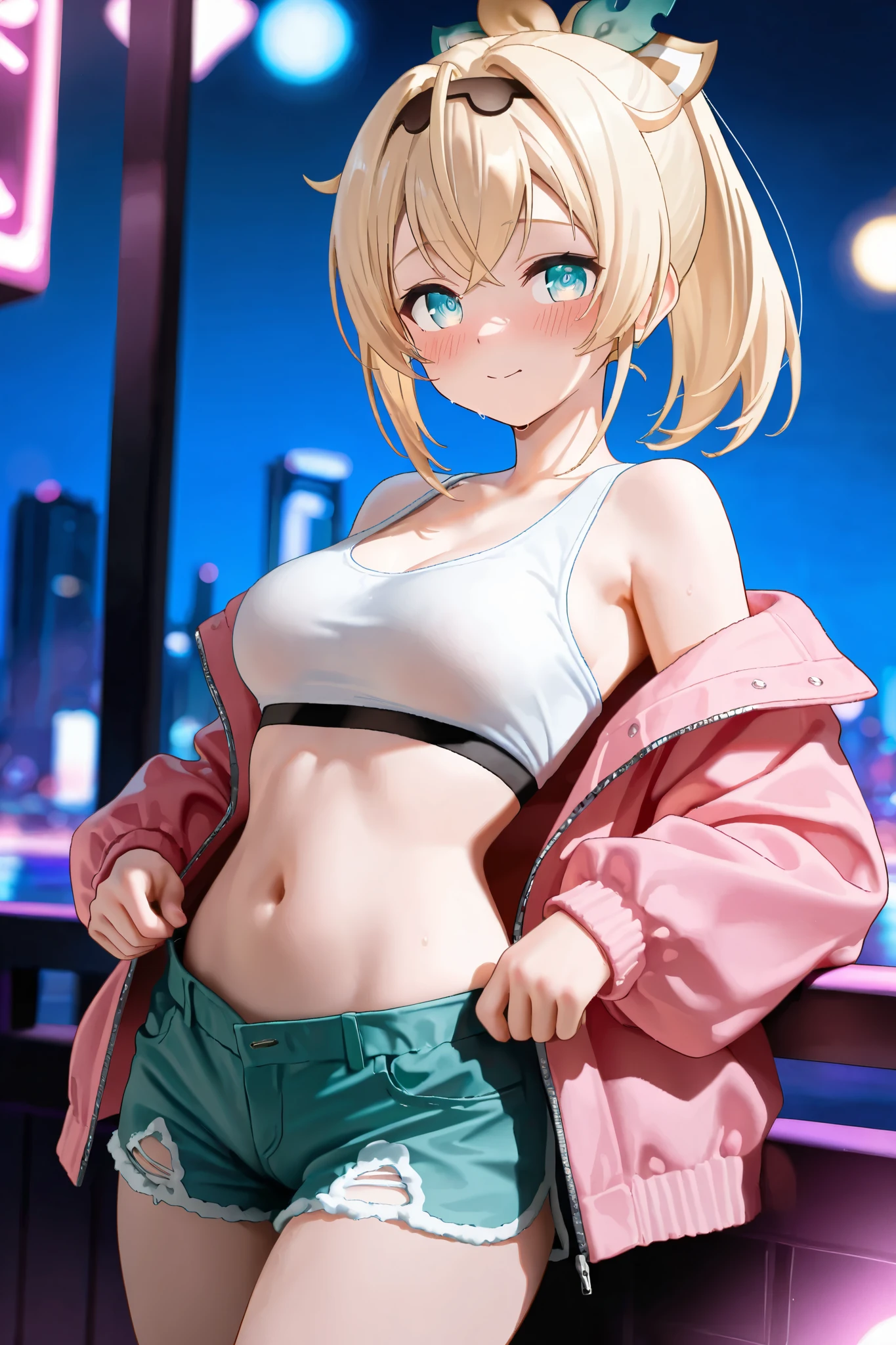 ((masterpiece, best quality;1.3)), ultra detailed, 8k unity wallpapers, CG, ray tracing, illustration, colorful, cinematic shadow, extremely detailed and beautiful background,vhd, shadering VRay,RT, 1girl, age, petite, loliush, solo, blue eyes, (blush), (blonde hair), (medium hair), (large breasts), slim waist, white glowing skin, highly detailed beautiful face, beautiful face, beautiful eyes, (talented Lo-Fi:1.3), naked, sexy, lewd, black tank top, cleavage, (skindentation), navel, denim, denim shorts, jacket, long sleeves, open clothes, open jacket, partially unzipped, red jacket, shirt, short shorts, shorts, tank top, track jacket, unzipped, close-up, glowing, glowing light, ultra detailed, scenic, atmospheric
