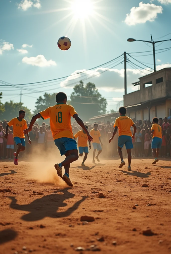Image of a 1 black boy on a dirt soccer field dribbling past everyone