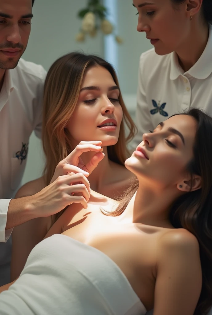 Female gynecologist opening the pussy of her naked teenage patient lying on the table with her right hand in her mouth and her fingers between her teeth while her mother takes care of her