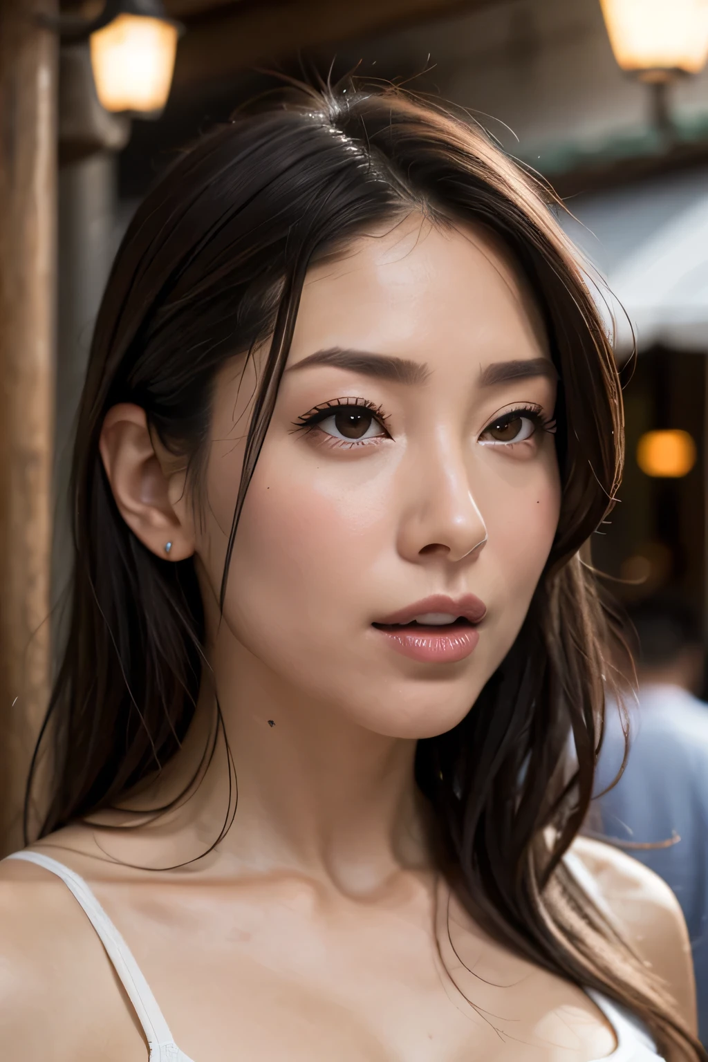 table top,, Award-winning pics, tall Highly detailed , Sharp Focus on Eyes , Nose and mouth, focus on face , woman opening her mouth and closing her eyes , red camisole、Age 35, dark-haired、 symmetrical face ,Realistic nostrils、 angle 、Extended C-shaped nostrils ,,,,,,,,,,,,,,,,,,, browsing barefoot be careful , Italy、 restaurant ,Outdoor Table,Sweaty skin、 lighting that emphasizes sweaty skin、(( nose hook ))Sweaty, shiny skin、 growing skin、Sweaty hair, beautiful Japanese actress ,
