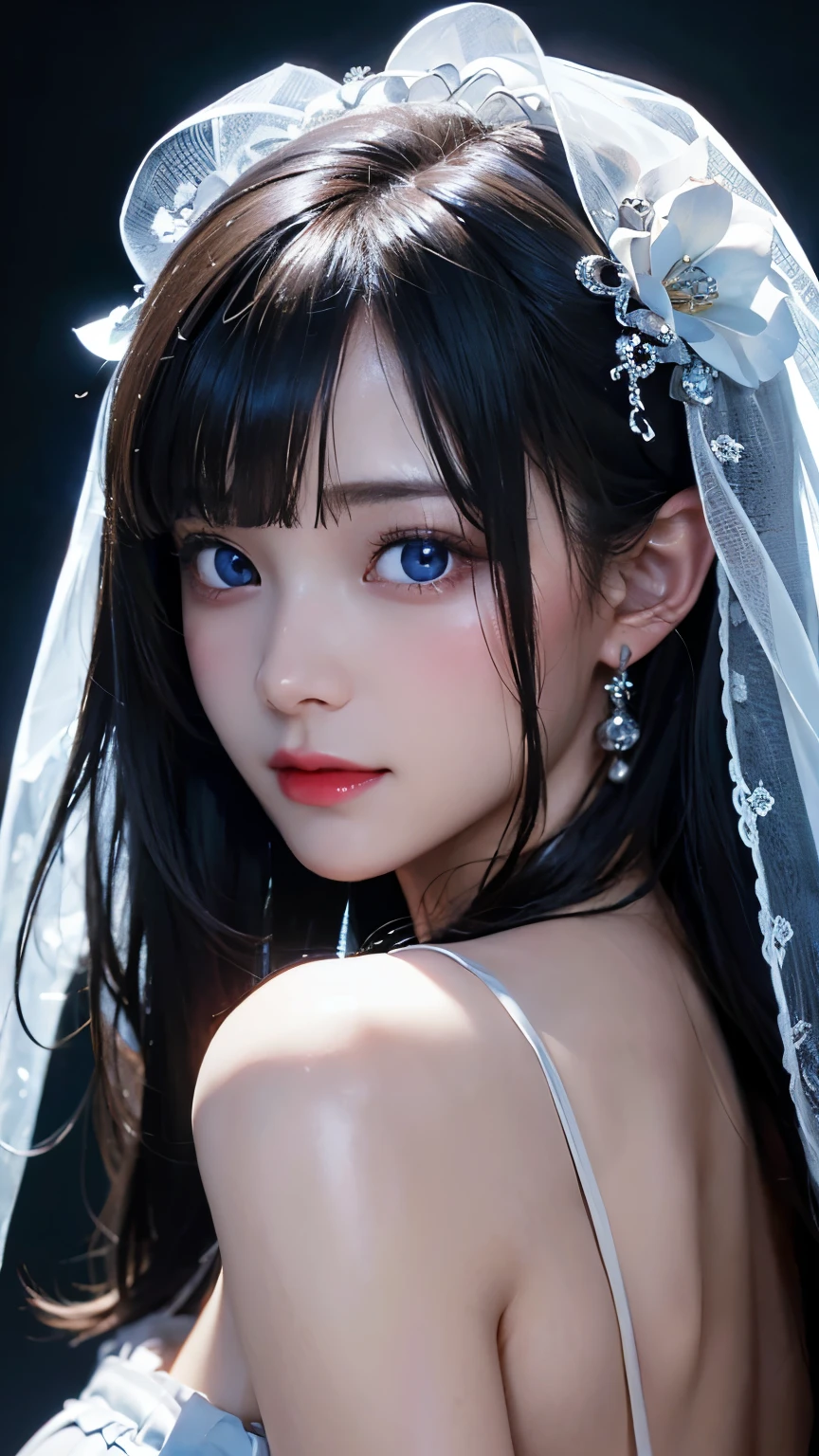 masterpiece, highest quality, Very detailed, To the camera, Very detailed, realistic , Sharp features, Very detailed, Sharp focus, Perfect Face, Perfect Face, Perfect symmetry and perfect eyes, Perfect Plump Lips, Flexible female form, cinematic, Film Light, Very detailed, hyper realistic , masterpiece, Atmospheric, High resolution, Vibrant, Dynamic Studio Lighting, ((Dark Background)), The expression when enduring pleasure, Straight bangs, blue eyes,Sexually aroused expressions、White Wedding Dress