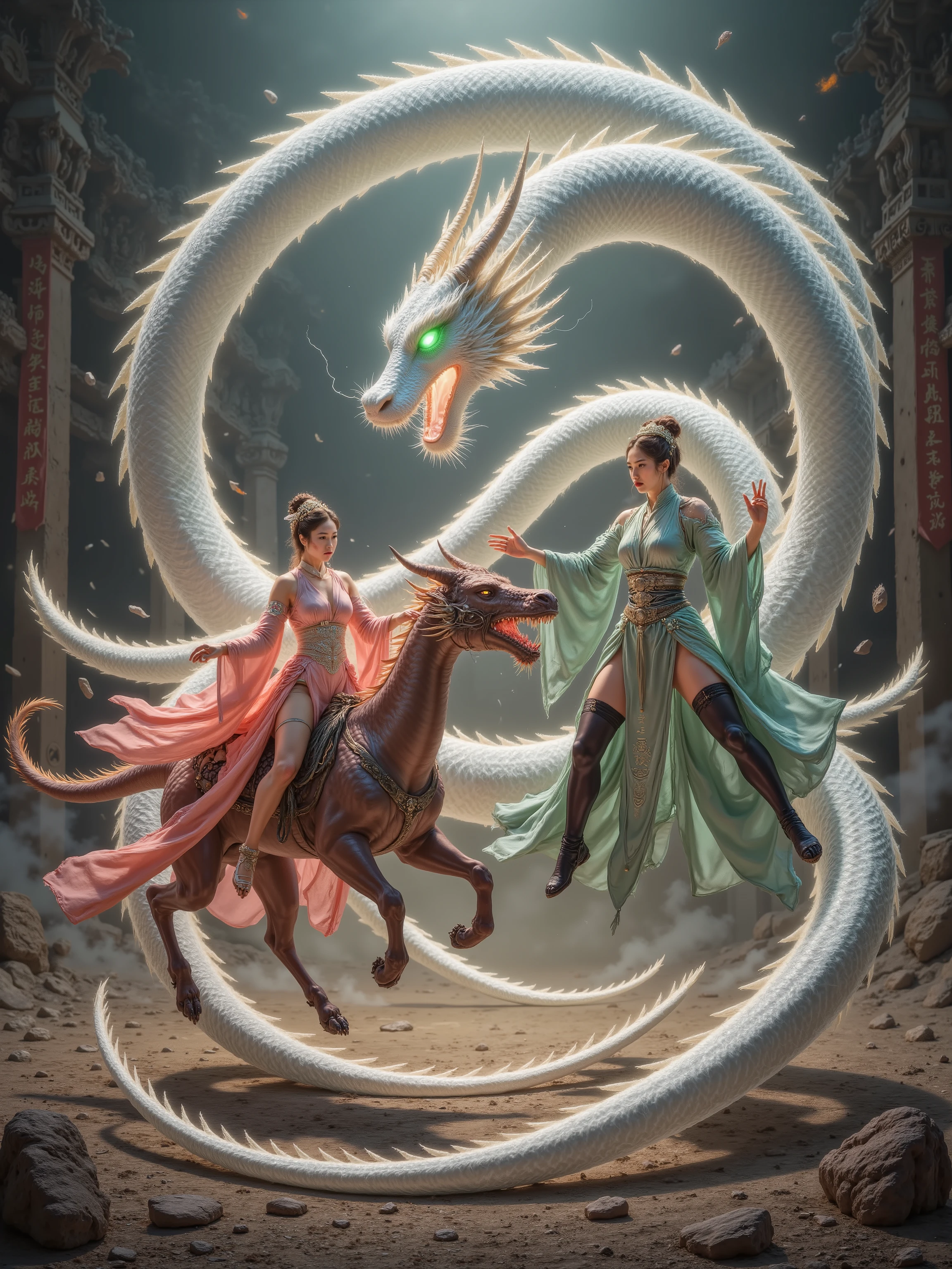 In a dramatic, cinematic keyframe, an ancient Japanese queen with porcelain skin, adorned in ornate, golden headdress and intricately embroidered, crimson-hued kimono, rides a majestic, pure white jade dragon with piercing emerald eyes, its scales glistening in the fading light of day. The queen's determined face, with high cheekbones and subtle, enigmatic smile, contrasts sharply with the ferocious Chinese ancient woman dragon rider, clad in ornate, bronze armor, astride a fierce, crimson dragon, as they clash in mid-air amidst a devastated, smoldering battlefield littered with shattered armor, splintered wood, and scorched earth. The backdrop is a haze of smoke, flames, and chaos, with hints of ruined structures and torn silken banners. The atmosphere is heavy with tension, illuminated by a warm, golden light, with shallow depth of field, vignette, and subtle bokeh, evoking the nostalgic, filmic quality of Kodak Portra 400 and Cinestill 800, as if captured through the lens of a Leica M10 camera.