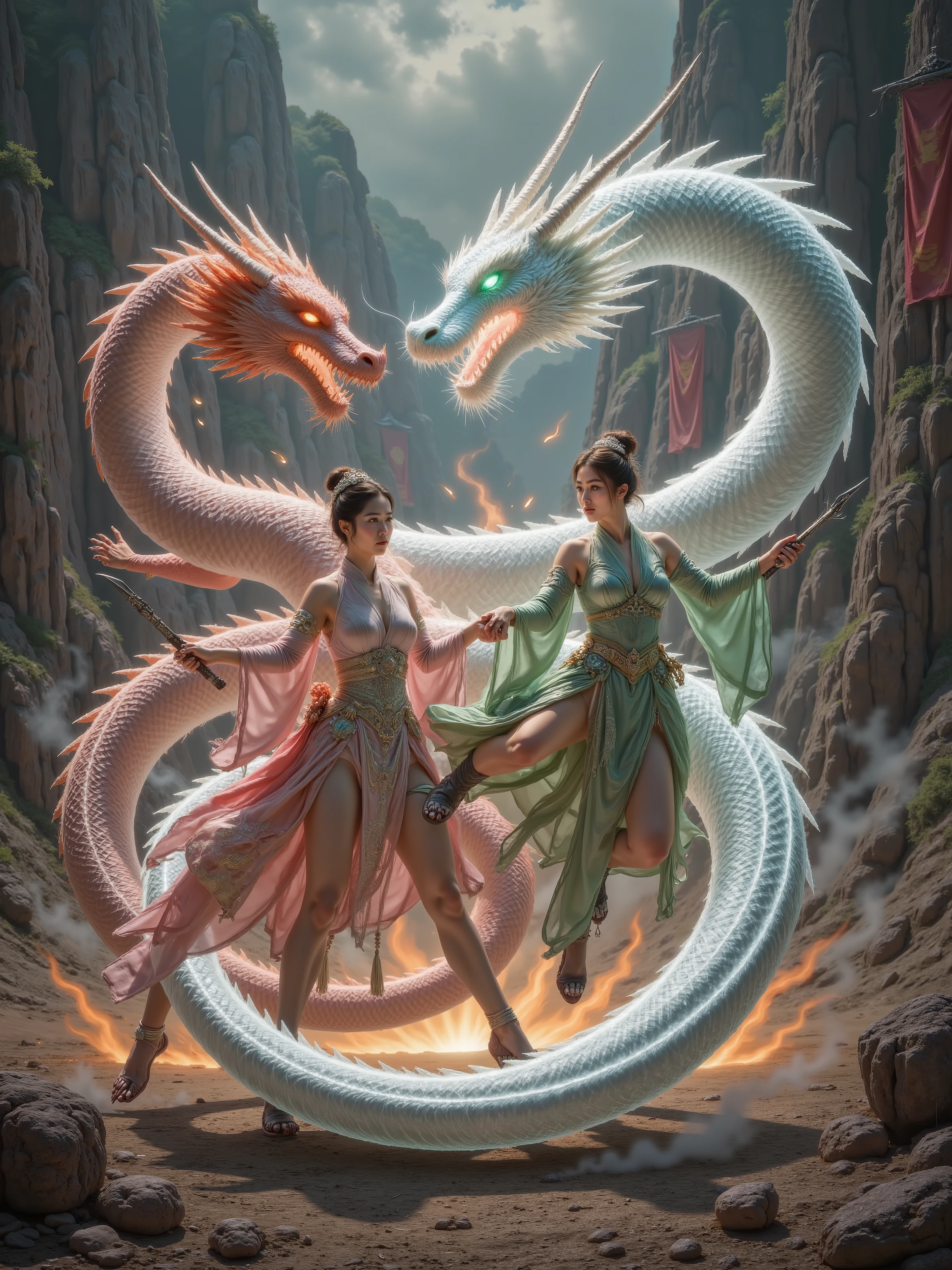 In a dramatic, cinematic keyframe, an ancient Japanese queen with porcelain skin, adorned in ornate, golden headdress and intricately embroidered, crimson-hued kimono, rides a majestic, pure white jade dragon with piercing emerald eyes, its scales glistening in the fading light of day. The queen's determined face, with high cheekbones and subtle, enigmatic smile, contrasts sharply with the ferocious Chinese ancient woman dragon rider, clad in ornate, bronze armor, astride a fierce, crimson dragon, as they clash in mid-air amidst a devastated, smoldering battlefield littered with shattered armor, splintered wood, and scorched earth. The backdrop is a haze of smoke, flames, and chaos, with hints of ruined structures and torn silken banners. The atmosphere is heavy with tension, illuminated by a warm, golden light, with shallow depth of field, vignette, and subtle bokeh, evoking the nostalgic, filmic quality of Kodak Portra 400 and Cinestill 800, as if captured through the lens of a Leica M10 camera.