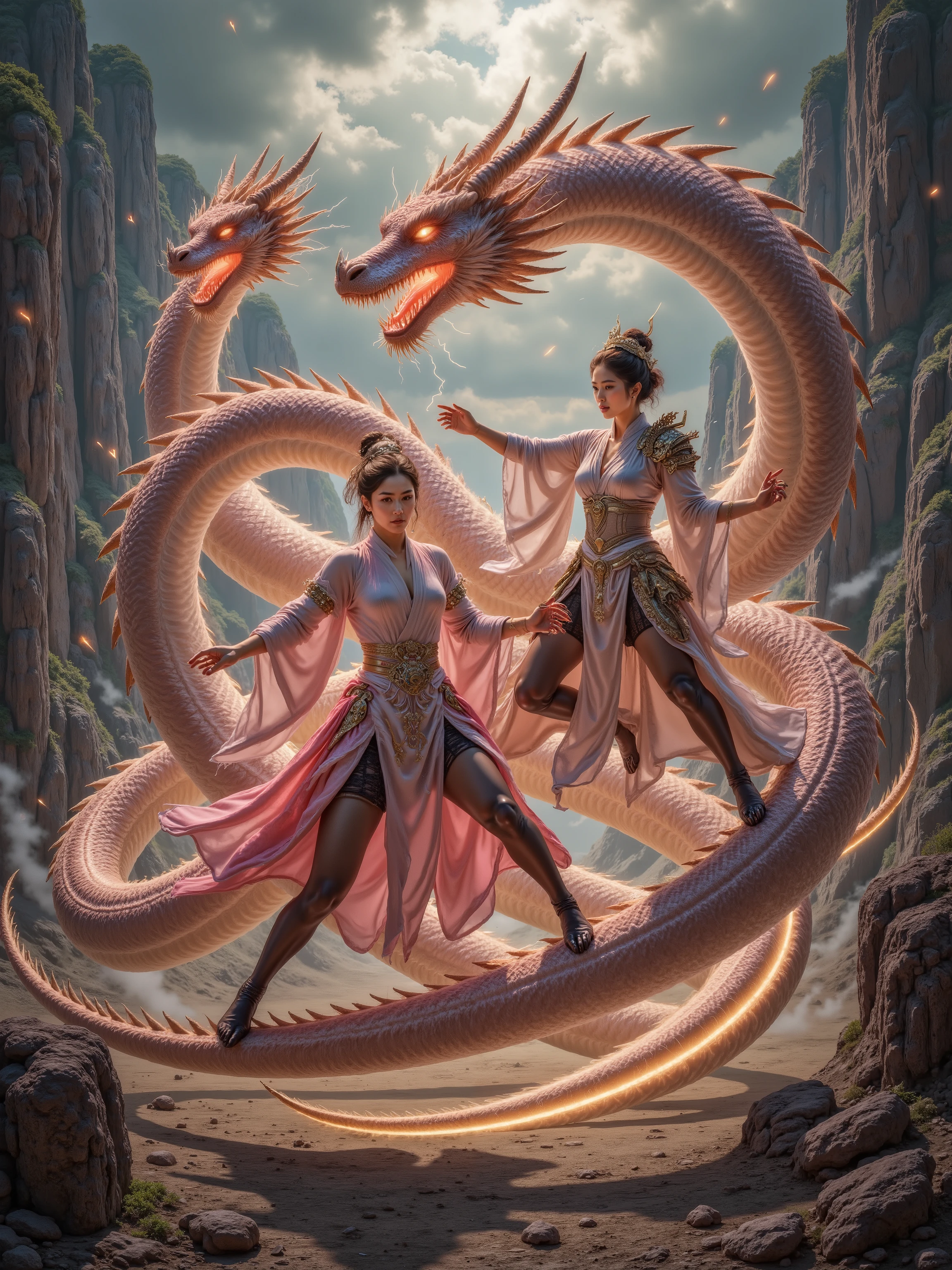In a dramatic, cinematic keyframe, an ancient Japanese queen with porcelain skin, adorned in ornate, golden headdress and intricately embroidered, crimson-hued kimono, rides a majestic, pure white jade dragon with piercing emerald eyes, its scales glistening in the fading light of day. The queen's determined face, with high cheekbones and subtle, enigmatic smile, contrasts sharply with the ferocious Chinese ancient woman dragon rider, clad in ornate, bronze armor, astride a fierce, crimson dragon, as they clash in mid-air amidst a devastated, smoldering battlefield littered with shattered armor, splintered wood, and scorched earth. The backdrop is a haze of smoke, flames, and chaos, with hints of ruined structures and torn silken banners. The atmosphere is heavy with tension, illuminated by a warm, golden light, with shallow depth of field, vignette, and subtle bokeh, evoking the nostalgic, filmic quality of Kodak Portra 400 and Cinestill 800, as if captured through the lens of a Leica M10 camera. War simulation