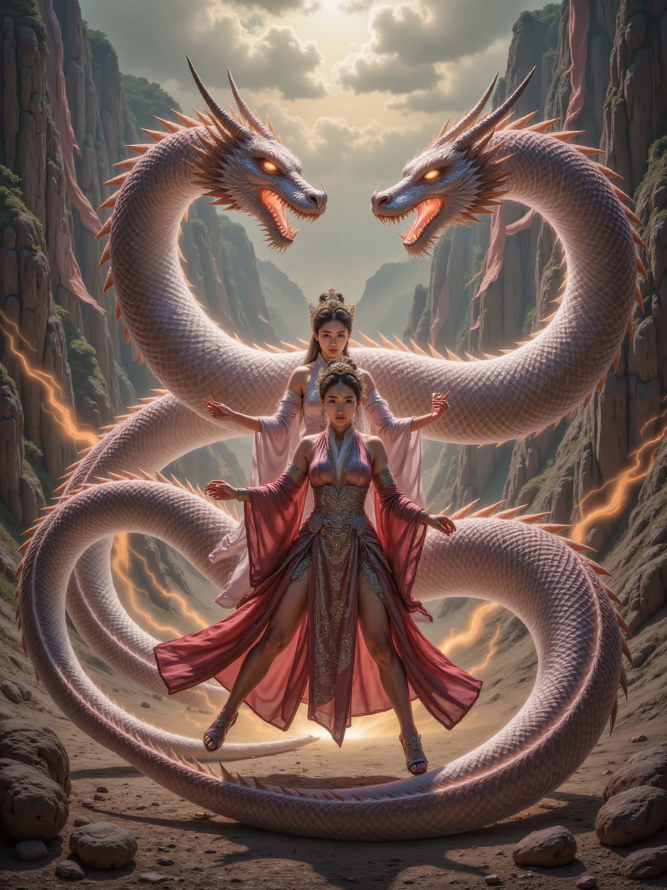 In a dramatic, cinematic keyframe, an ancient Japanese queen with porcelain skin, adorned in ornate, golden headdress and intricately embroidered, crimson-hued kimono, rides a majestic, pure white jade dragon with piercing emerald eyes, its scales glistening in the fading light of day. The queen's determined face, with high cheekbones and subtle, enigmatic smile, contrasts sharply with the ferocious Chinese ancient woman dragon rider, clad in ornate, bronze armor, astride a fierce, crimson dragon, as they clash in mid-air amidst a devastated, smoldering battlefield littered with shattered armor, splintered wood, and scorched earth. The backdrop is a haze of smoke, flames, and chaos, with hints of ruined structures and torn silken banners. The atmosphere is heavy with tension, illuminated by a warm, golden light, with shallow depth of field, vignette, and subtle bokeh, evoking the nostalgic, filmic quality of Kodak Portra 400 and Cinestill 800, as if captured through the lens of a Leica M10 camera. War simulation 