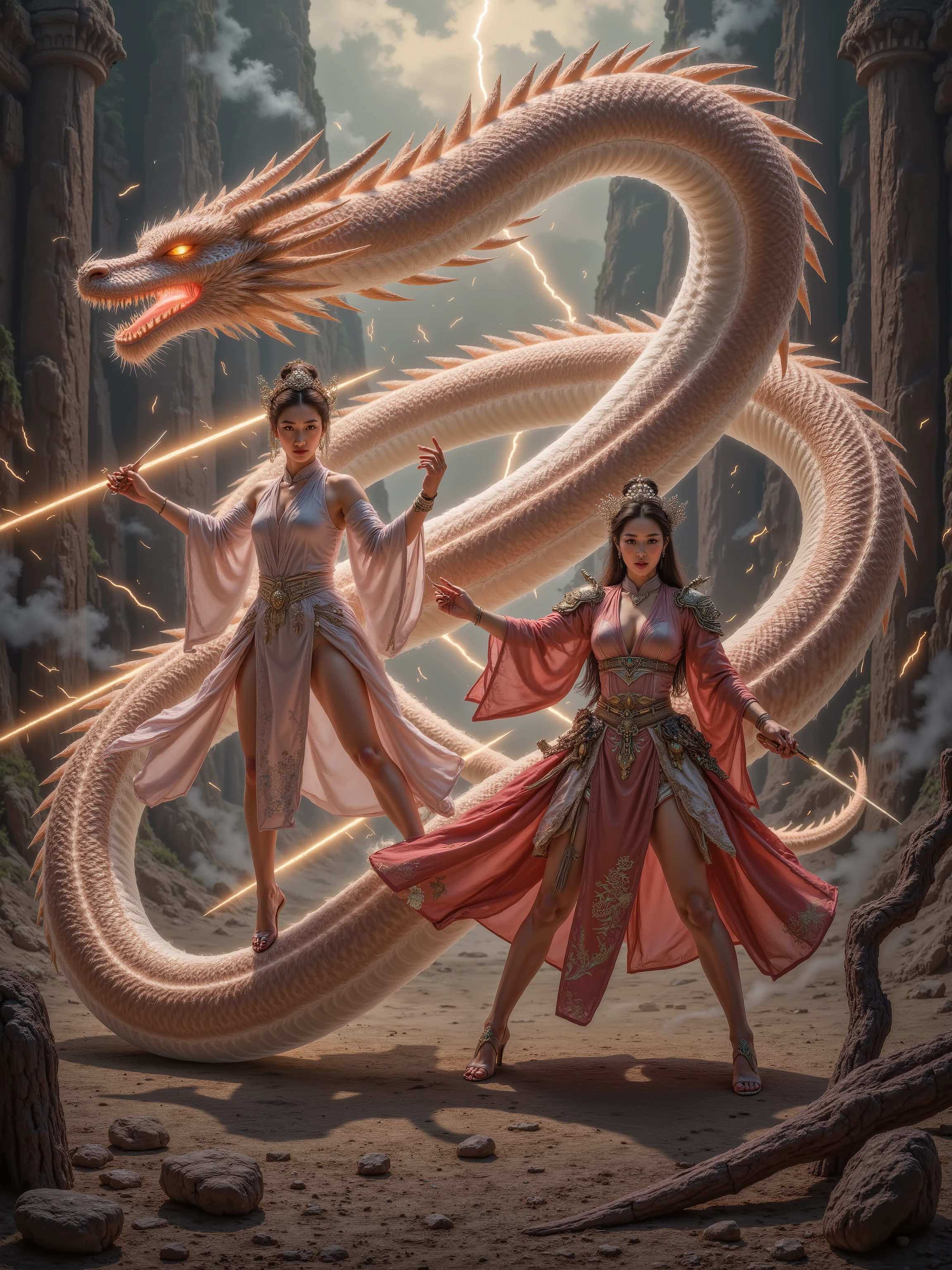 In a dramatic, cinematic keyframe, an ancient Japanese queen with porcelain skin, adorned in ornate, golden headdress and intricately embroidered, crimson-hued kimono, rides a majestic, pure white jade dragon with piercing emerald eyes, its scales glistening in the fading light of day. The queen's determined face, with high cheekbones and subtle, enigmatic smile, contrasts sharply with the ferocious Chinese ancient woman dragon rider, clad in ornate, bronze armor, astride a fierce, crimson dragon, as they clash in mid-air amidst a devastated, smoldering battlefield littered with shattered armor, splintered wood, and scorched earth. The backdrop is a haze of smoke, flames, and chaos, with hints of ruined structures and torn silken banners. The atmosphere is heavy with tension, illuminated by a warm, golden light, with shallow depth of field, vignette, and subtle bokeh, evoking the nostalgic, filmic quality of Kodak Portra 400 and Cinestill 800, as if captured through the lens of a Leica M10 camera. War simulation