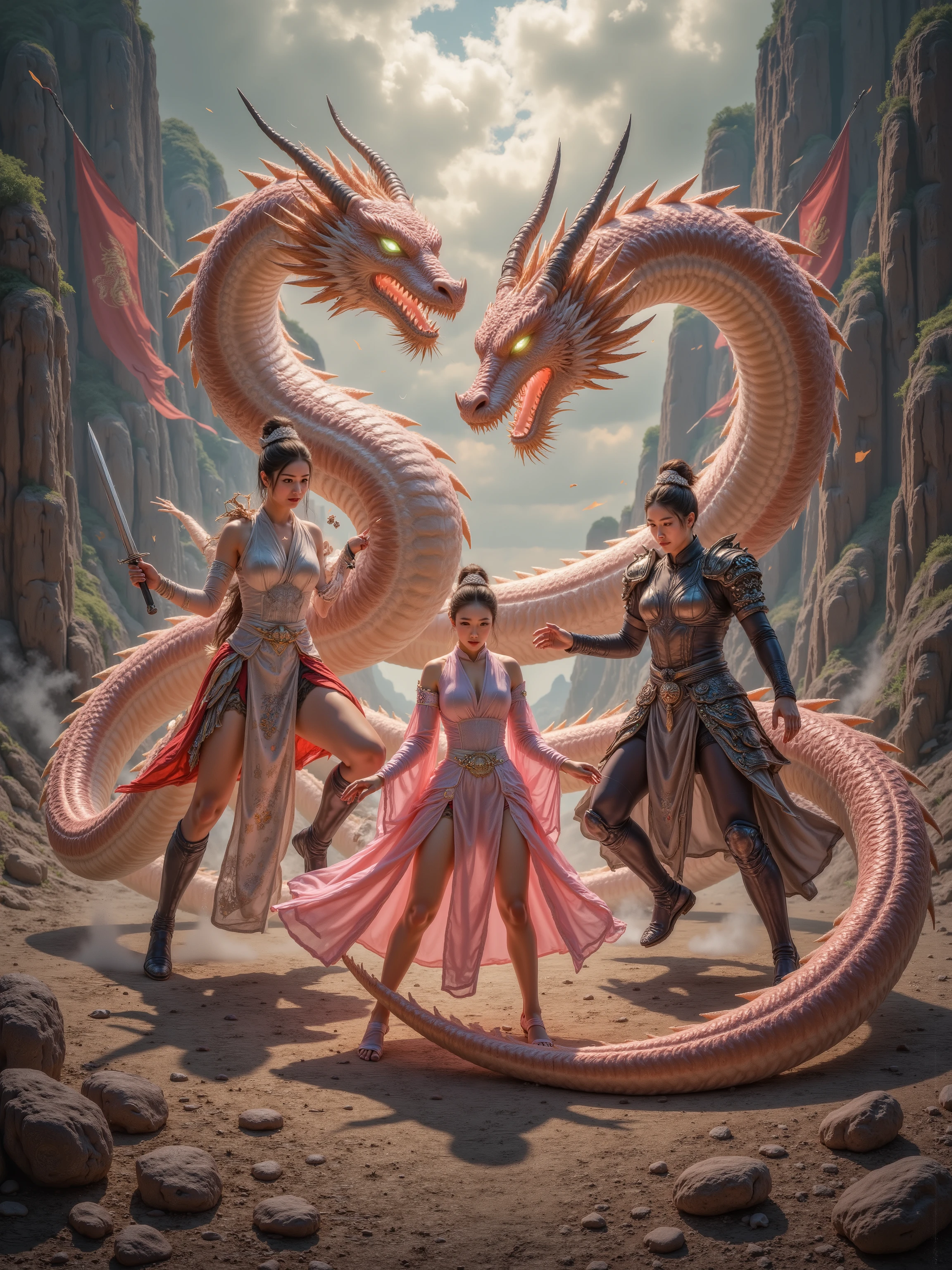 In a dramatic, cinematic keyframe, an ancient Japanese queen with porcelain skin, adorned in ornate, golden headdress and intricately embroidered, crimson-hued kimono, rides a majestic, pure white jade dragon with piercing emerald eyes, its scales glistening in the fading light of day. The queen's determined face, with high cheekbones and subtle, enigmatic smile, contrasts sharply with the ferocious Chinese ancient woman dragon rider, clad in ornate, bronze armor, astride a fierce, crimson dragon, as they clash in mid-air amidst a devastated, smoldering battlefield littered with shattered armor, splintered wood, and scorched earth. The backdrop is a haze of smoke, flames, and chaos, with hints of ruined structures and torn silken banners. The atmosphere is heavy with tension, illuminated by a warm, golden light, with shallow depth of field, vignette, and subtle bokeh, evoking the nostalgic, filmic quality of Kodak Portra 400 and Cinestill 800, as if captured through the lens of a Leica M10 camera. War simulation 