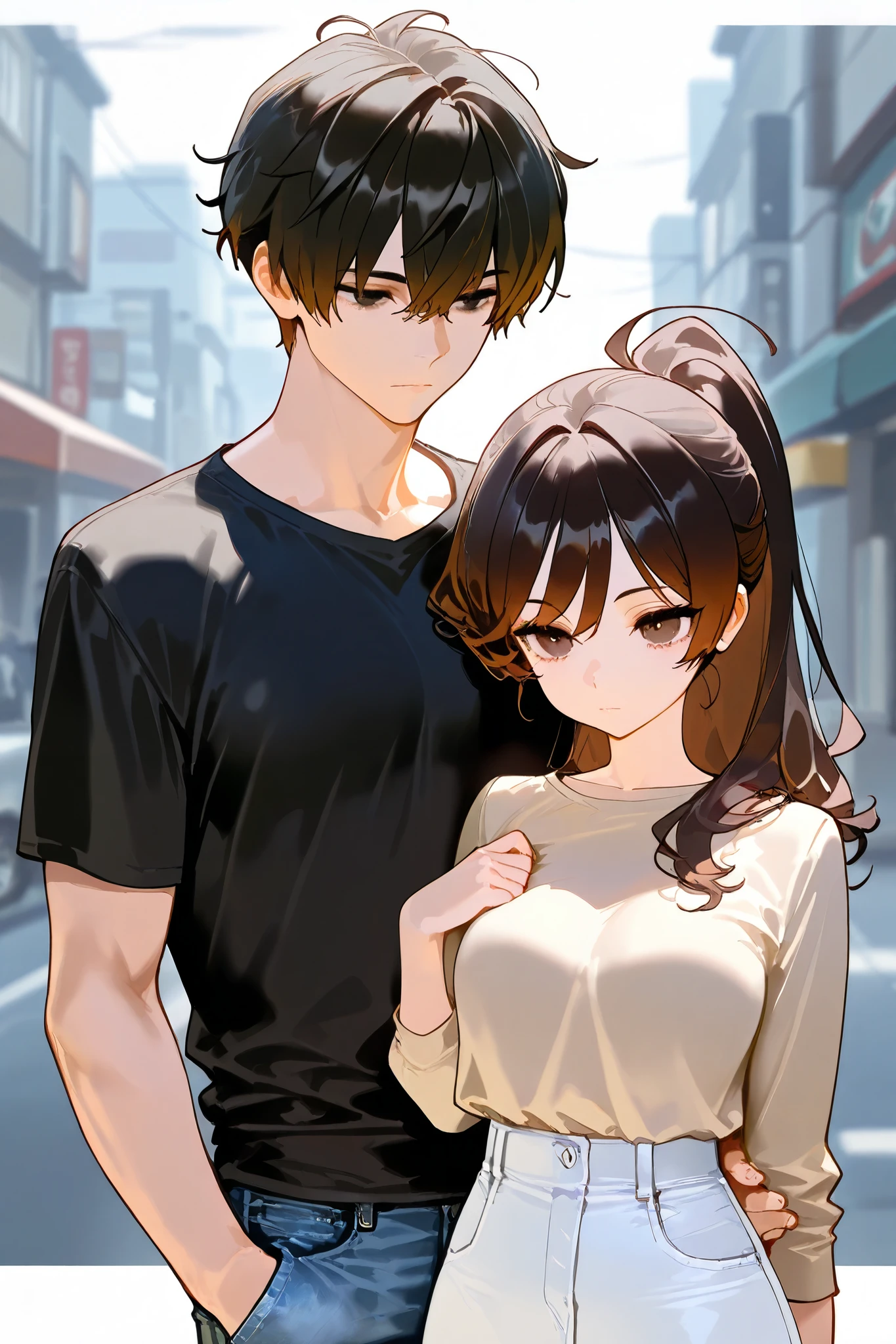 best quality, masterpiece, highest resolution, official art,1girl:(ponytail, Beige shirt, white skirt,black hair,expressionless,), 1boy:(brown hair, black shirt, jeans,expressionless,pixie hair,small smile),adult