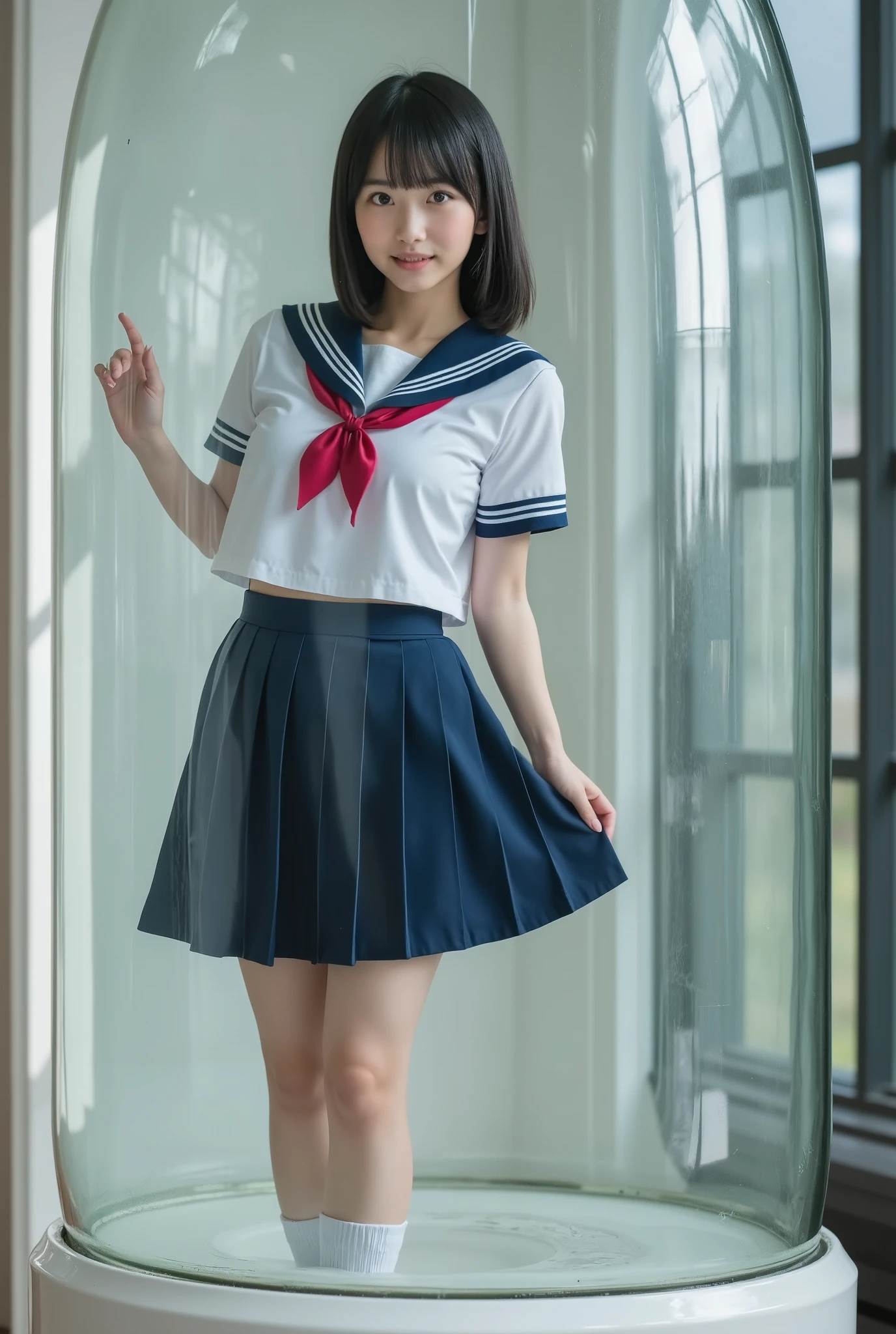 Ultra-detailed, detailed, highest quality, ultra-high resolution, highest resolution, A high school girl trapped in a very large milk bottle is pushing the glass wall to get out, trapped in a glass bottle, surrounded by transparent glass walls, 20-year-old Japanese woman, vivid, black eyes, high school girl, wearing a navy blue uniform, small breasts, short, looks like an , standing with legs slightly apart, medium hair, looking at the viewer,