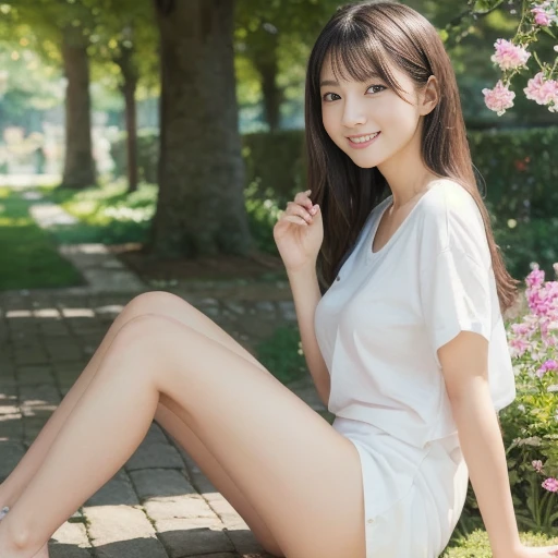 Pure Japanese girl, natural body, beautiful legs, trendy loose casual fashion, natural hair styles, impressive big brown eyes, pure smile, refreshing in early summer sunlight, feeling soft breeze in hair, sitting and relaxing, professional portrait photography, film photography, 35mm negative film, 