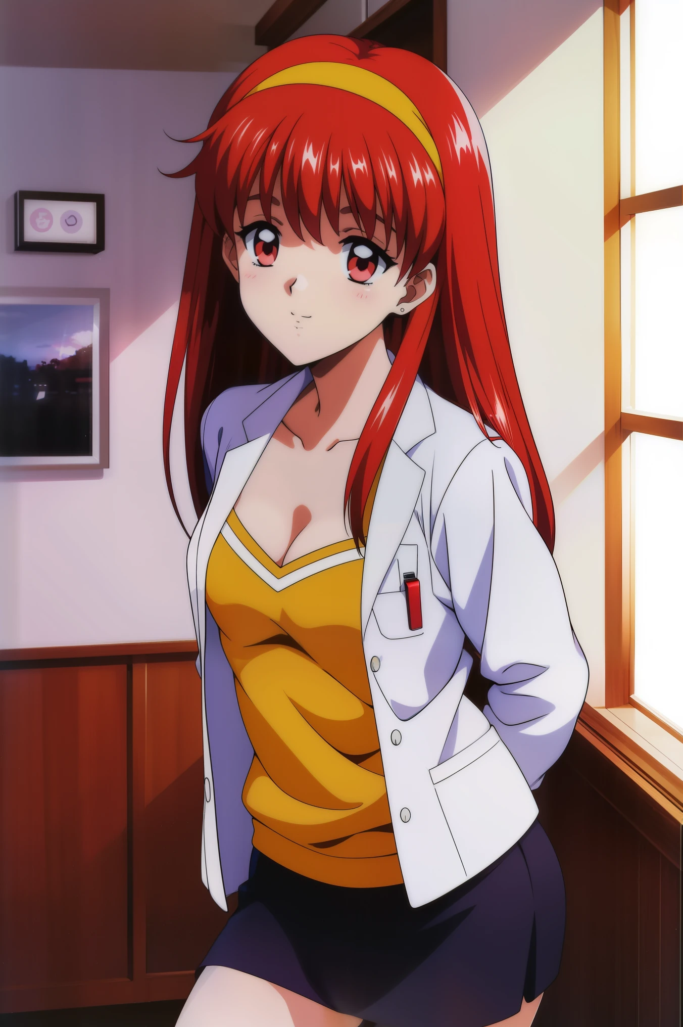 FujisaKishiori , Alone, (cowboy shot), Red Hair,  long hair,  Hair Band ,  red eyes, ( small breasts), (Female doctor), ( sexy pose), (Red cheeks:1.2), cleavage, (bright smile:1.1), (Private room), (hospital),  score_9,  score_8_superior,  score_7_superior,  source_anime, (best quality:1.2), 細部までこだわったanime,  high quality , full color, 8k,  high resolution