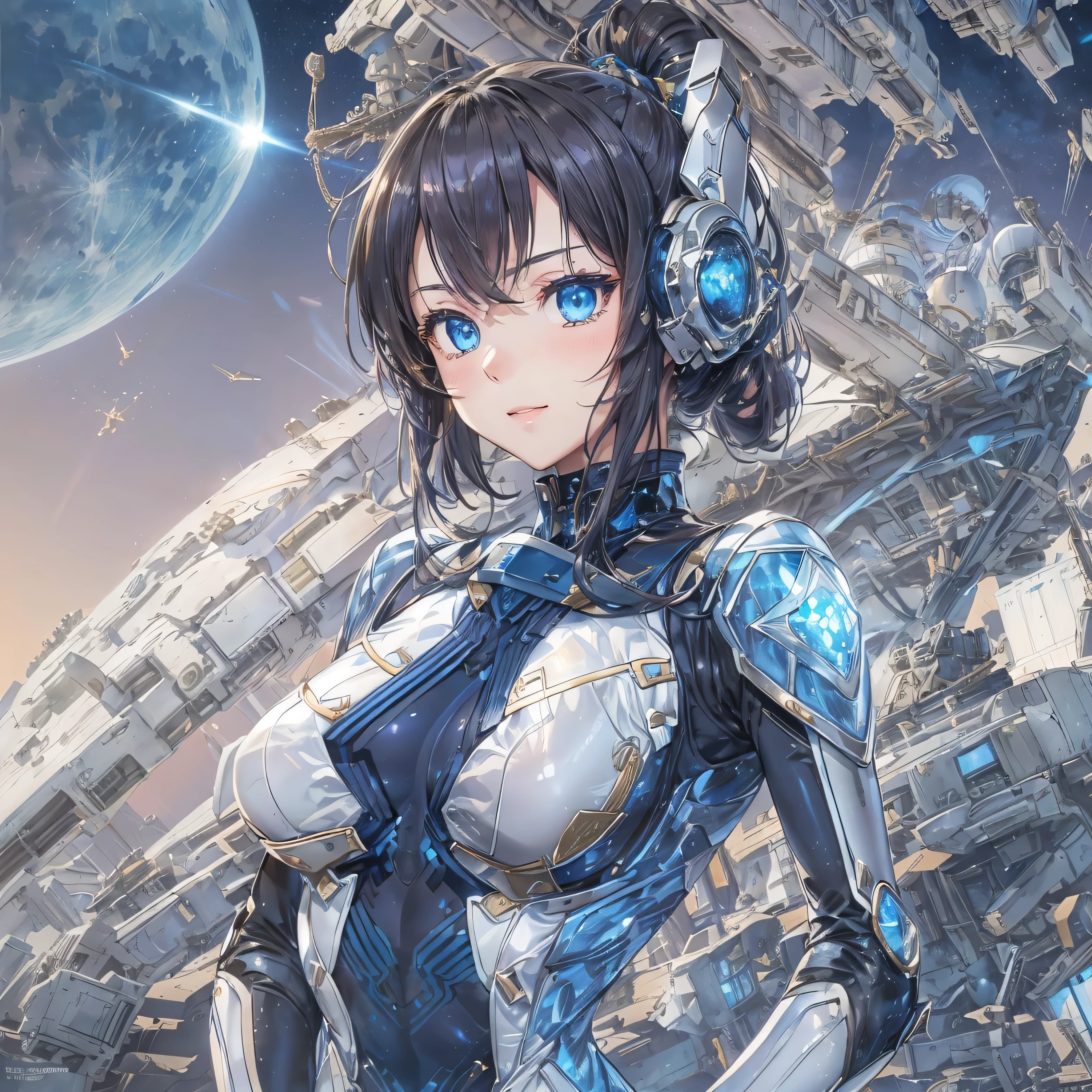 (masterpiece、highest quality、Highest Resolution、Clear_image、Detailed details、Angle from above): (Whole body、One 20 year old girl、Japanese Faces、Small Face、Slender、Navy blue super short bob cut hair、(Hidden small breasts:1.3)、Sparkling blue eyes、Shiny pilot suit in blue and black colors、Chest protection armor、Tight fitting clothes、Clothing that covers the whole body、Glamorous clothes、Tight Fit Pants、Hide your skin、Very delicate and beautiful、Detailed Skin、hide thighs、Hide your ass、Cute、A gentle smile、Soft expression、heroine、headset、Knee-high boots、Elbow-length gloves、Eye Level Shot、Face directly、Woman on a spaceship)
