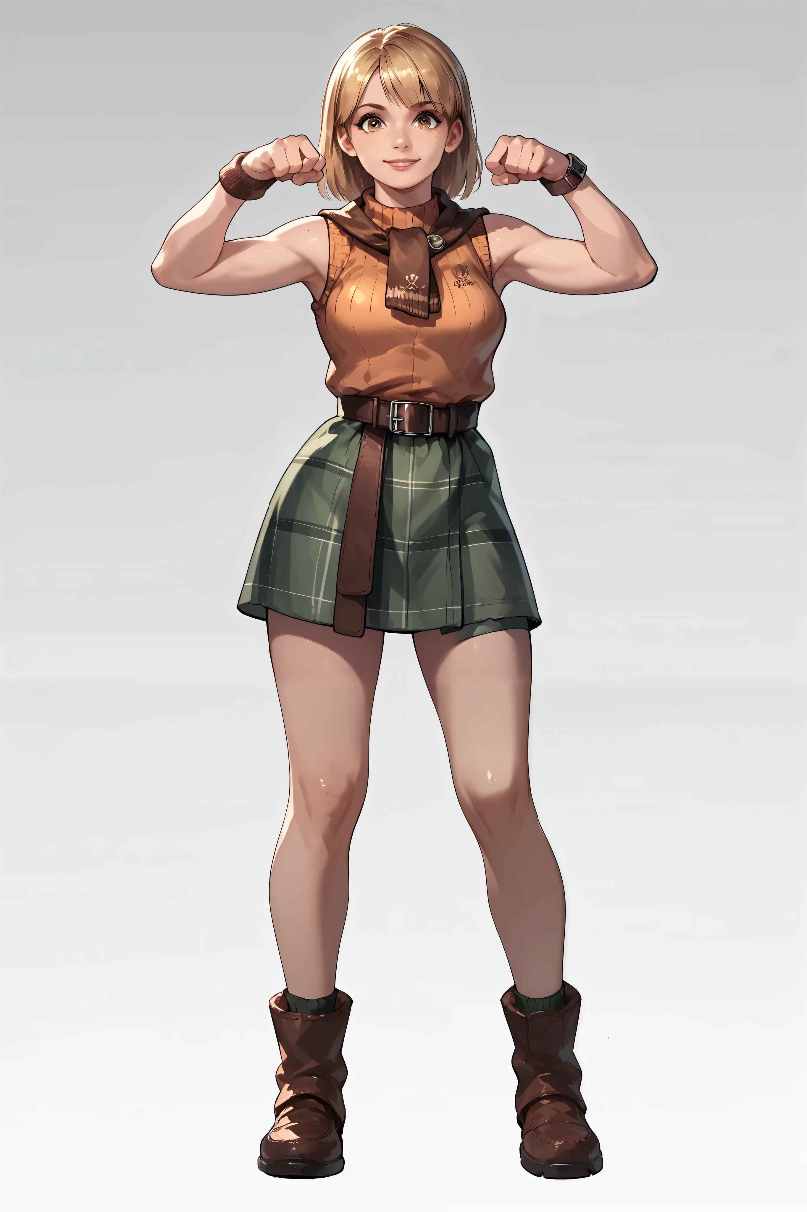 Anime concept art, dark fantasy, Ashley graham, Ashley Graham from resident evil 4, cute, Ashley's sexy outfit, thin waist, medium breasts, sleeveless, cute pose, full body view, fullbody overview, resident evil 4 concept art