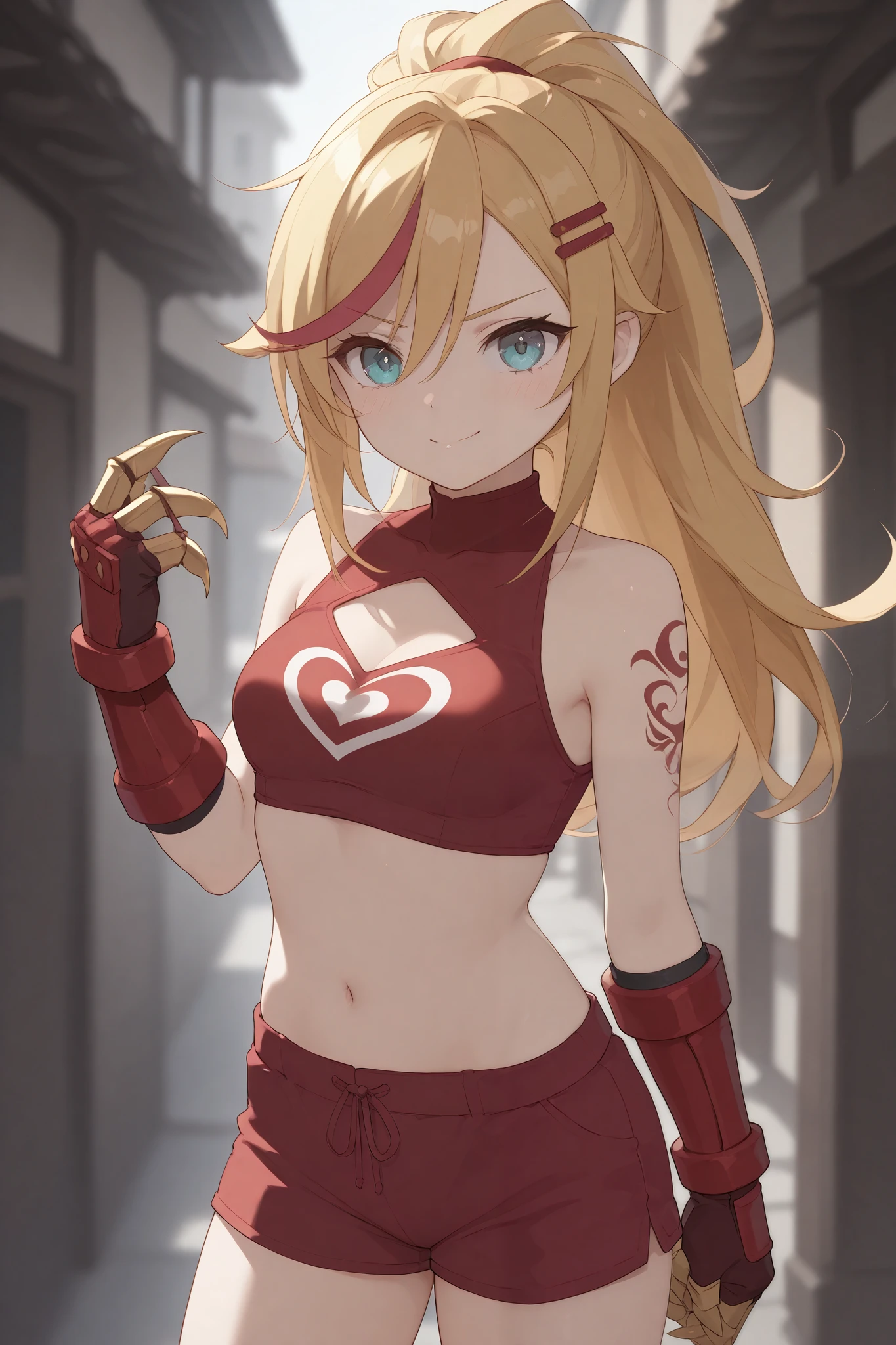 young girl, longue blonde hair, Hairpin with a bundle, turquoise eyes, Yakuza tattoos, red tight uniform, Sleeveless, Wide neckline on the chest to the abdomen, Gold Elements, Red gold armor, Shorts, claws, smirk, Masterpiece, hiquality, 4k, HD, Good detail