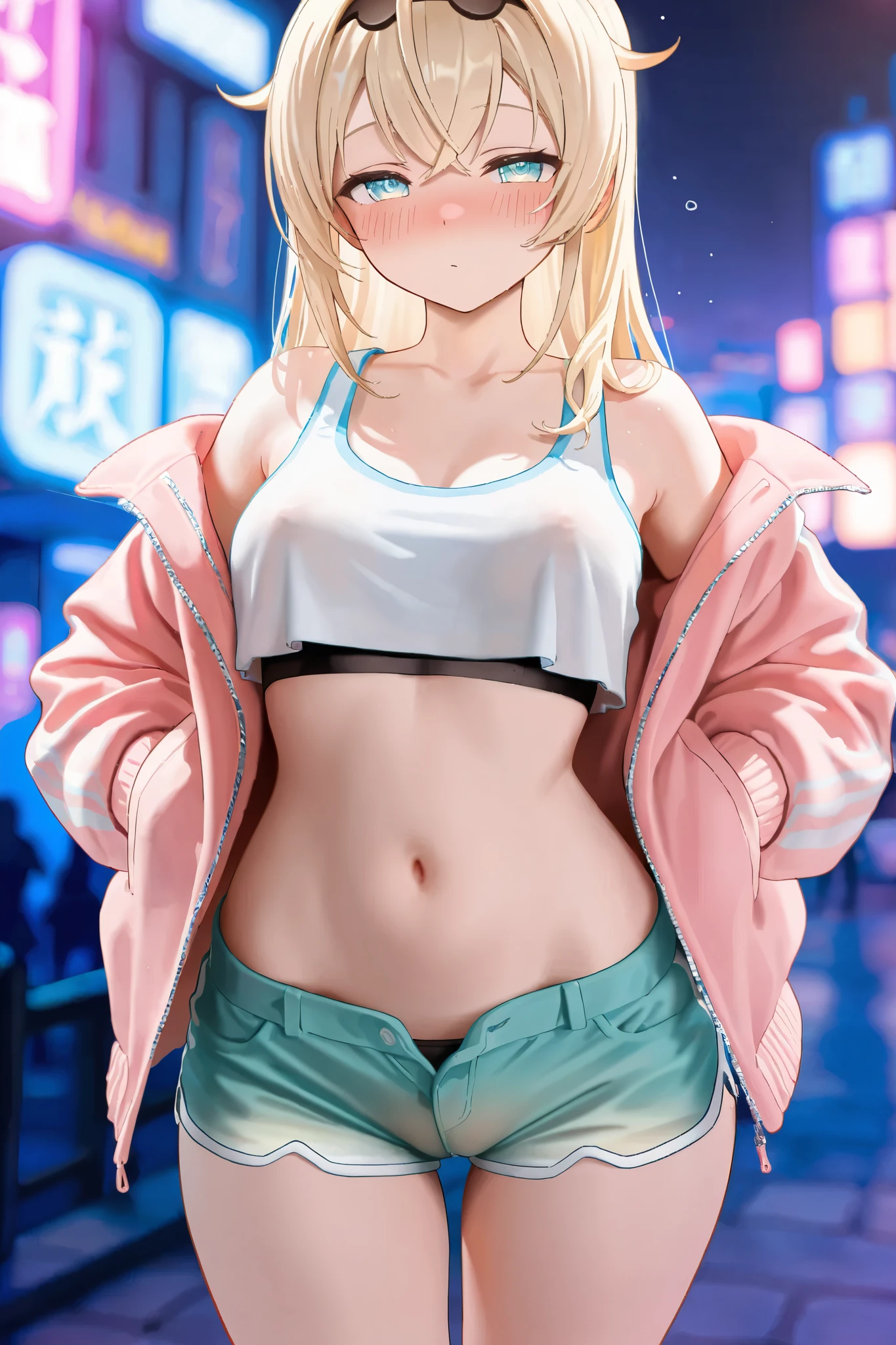 Shiina Mayu、blonde, (Yellow Eyes:1.3)、Long Hair,,blush,smile,night、Beautiful views, Attractive thighs、Beautiful bare legs, Naked in a sexy hoodie、Show off your breasts and seduce、Chest is open、Full chest、I can see your chest、Her zipper is down and open, Expose your breasts、Lolita、Small breasts、Appearance: 15 years old、Girl、You can see Pantastar's work..:1.2), highest quality, High resolution, unity 8k wallpaper, (shape:0.8), (Beautiful and beautiful eyes:1.6), Highly detailed face, Perfect lighting, Extremely detailed CG, (Perfect hands, Perfect Anatomy),