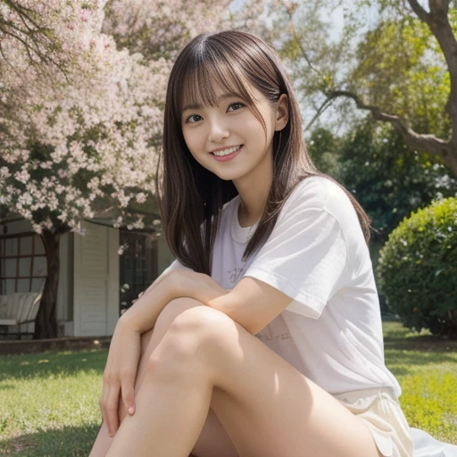 Japanese female, a lot of details, (underweight), 30 years old, detailed black hair, beautiful detailed hair, super fucking beautiful, delicate beautiful face, complex details beautiful and delicate eyes, perfect hands, (flat chest best quality:1.5), perfect and delicate limbs, detailed skin, best quality, ultra-detailed,(cheerful grin:1.5),
house, waving at the camera, looking at viewer, medium hair, (white blouse), (green skirt), japanese, outside, sitting, (sit with one leg up:1.4), (full body shot:1.2), front view, (ground-level shot:1.2)