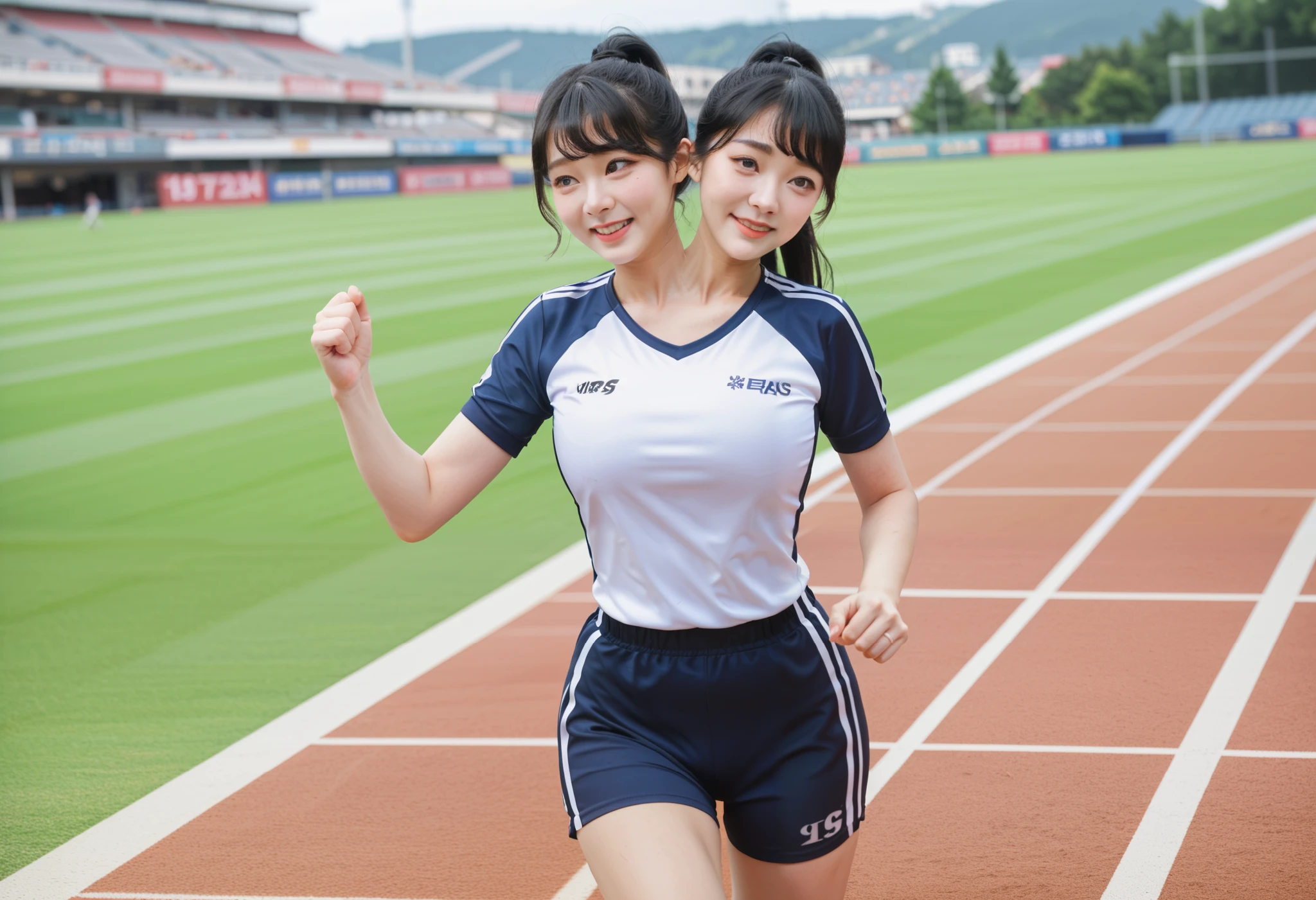best resolution, korean woman with two heads, girl with tein hairbuns blonde and girl with black hair with ponytail, tall, big chest, , track uniform, running, track and field background, closeup