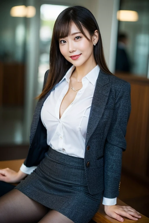25 Years Old Best Beautiful Office Lady､ ((Office Lady Outfit:1.5))Sitting on a chair、Office with 1 computer、Sweet smile 、skirt by the、Panties that change color from image to image､Hairstyle that changes from image to image、((Large breasts are slightly visible))、Faces and expressions that change from image to image,OL Shirt,Panties are slightly visible from the skirt,Bras, panties and skirts are always worn,Panties that change color,