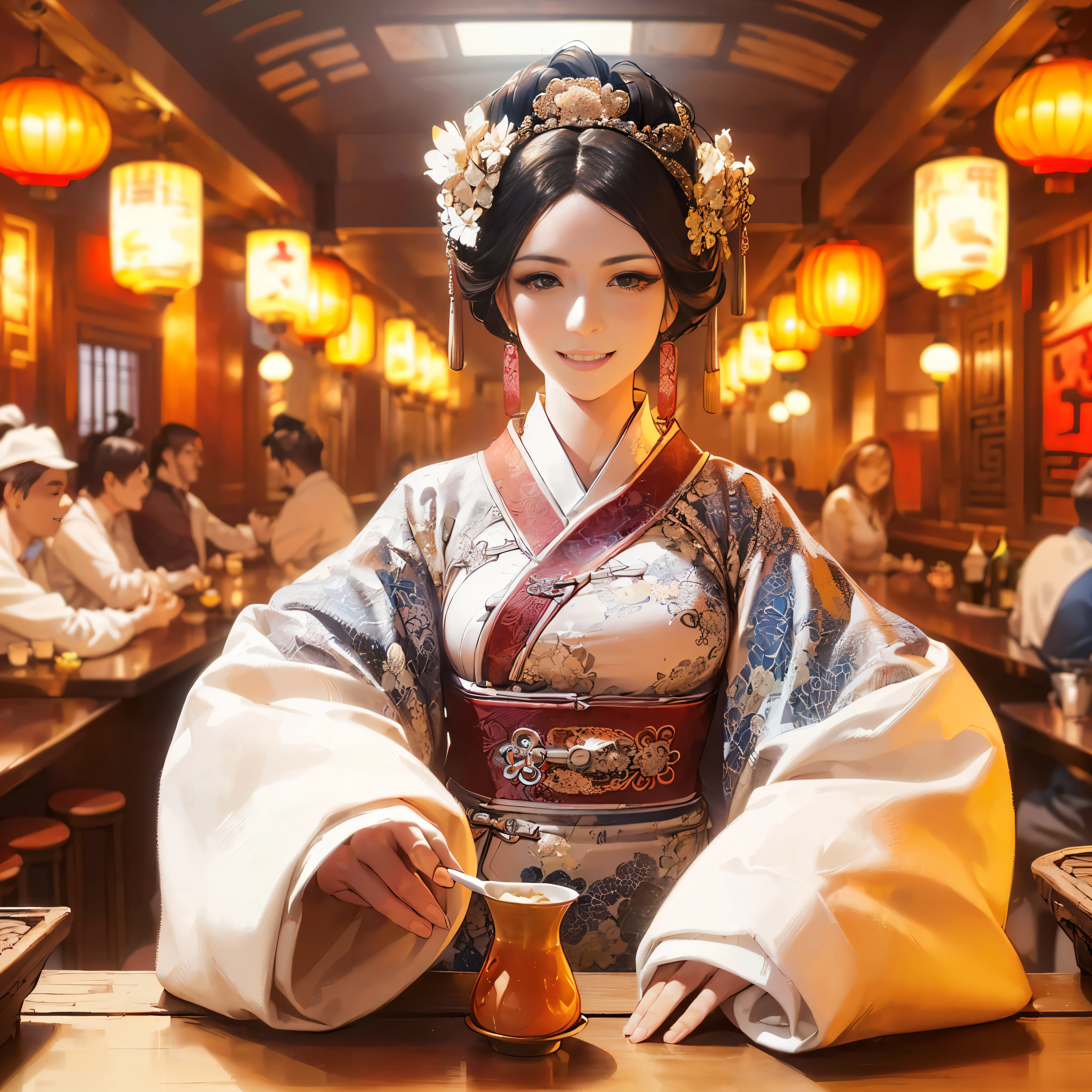 (masutepiece:1.2), (Best Quality:1.2), (high resolution:1.2), (beautiful face and eye:1.2), (sharpest focus:1.2), (Ultra-realistic Photo:1.2), (Ultra-precise Photo:1.2), (Depth of field:1.2), (perfect :1.2), (nice hands:1.2), 
(very tall, broad-shouldered, large lady:1.2), (very beautiful lady in a bar in Song dynasty China:1.5), (large beautiful middle-aged woman with rolled-up sleeves and arms raised high serving a large quantity of food:1.5), 
(pleasant smile:1.4), (a bustling, folksy bar:1.2), 